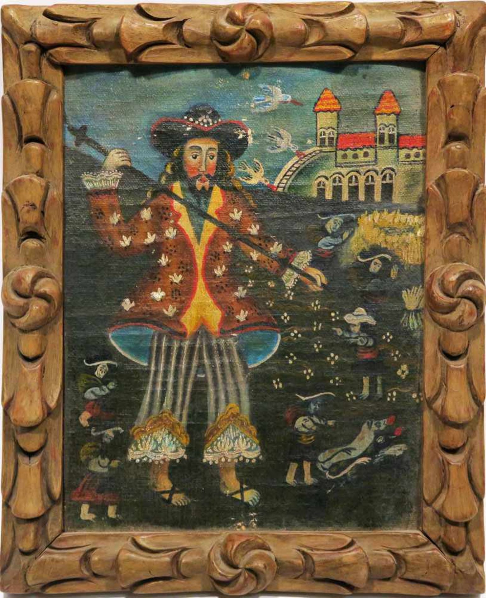 Südamerika Darstellung einer südamerikanischen Legende (?) Öl/Lwd. 22,5 x 17,5 cm. Rest., besch. - Bild 2 aus 2