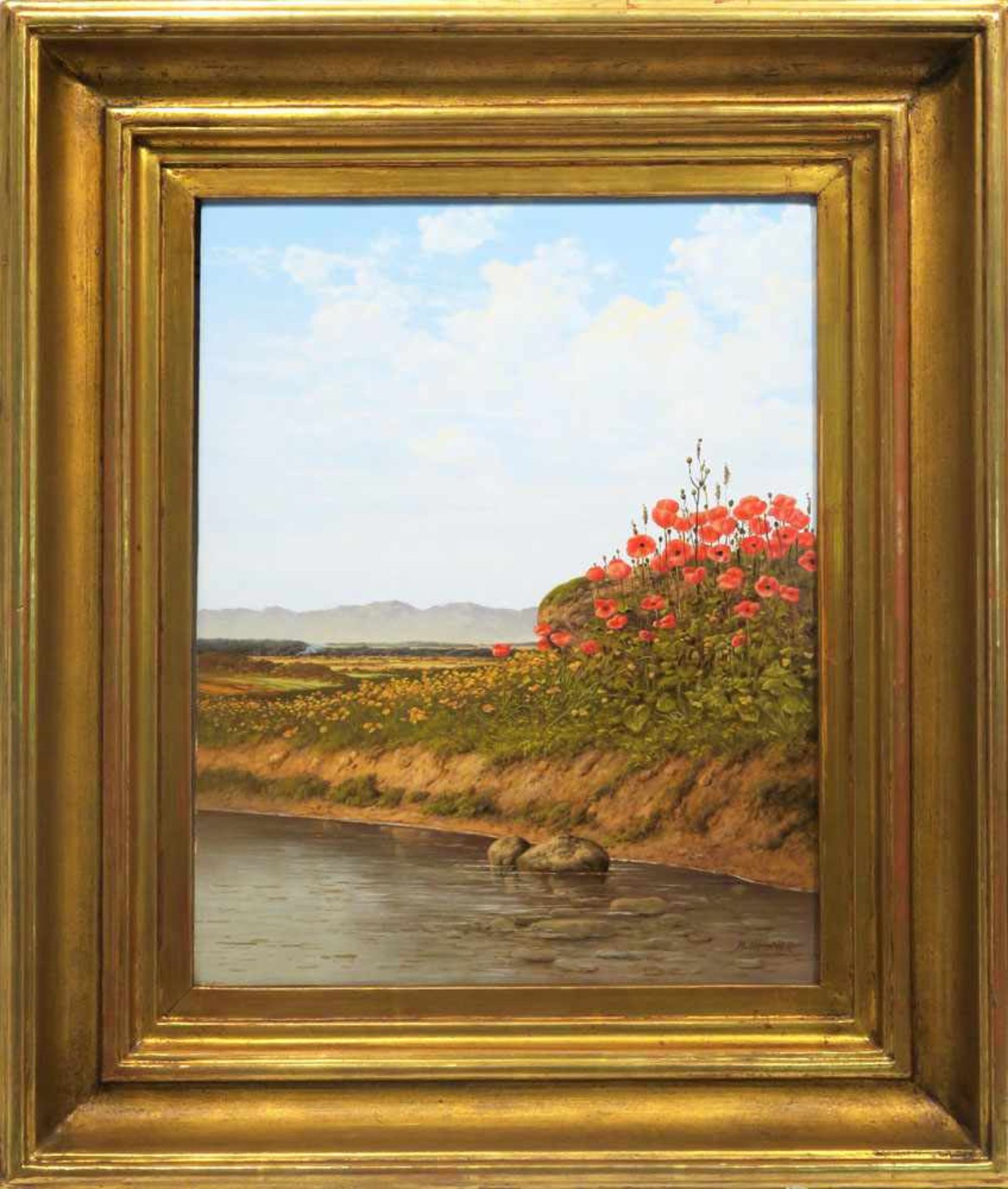 Hesner, Michael geb. 1944 Landschaft mit Mohnblumen Öl/Holz. 30 x 24 cm. R. u. signiert. Rahmen.