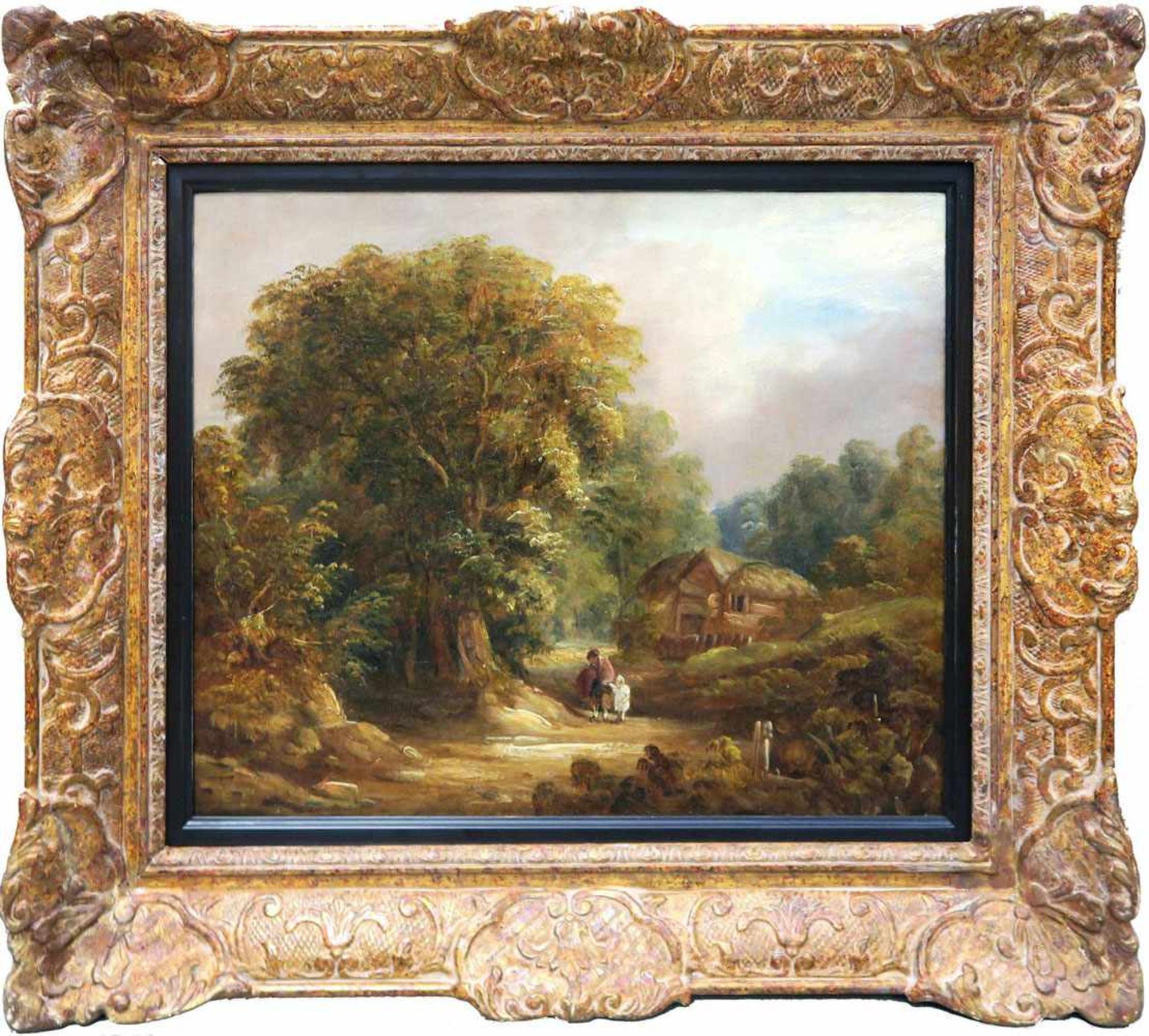 wohl England 19. Jh. Landschaft mit Cottage und Figurenstaffage Öl/Lwd. 36 x 44 cm. Doubliert. Rest. - Bild 3 aus 4