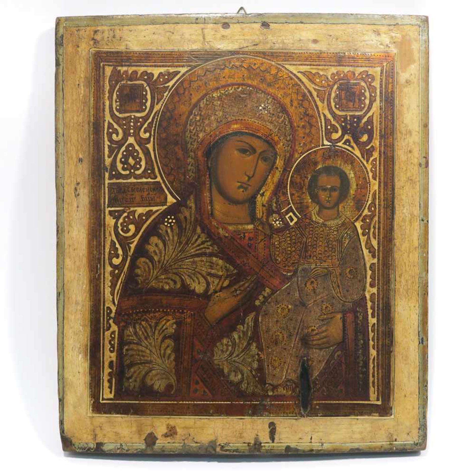 Gottesmutter von SmolenskRussland, wohl Cholui, 19. Jh. Tempera/Holz, zwei verlorene Rückseiten-
