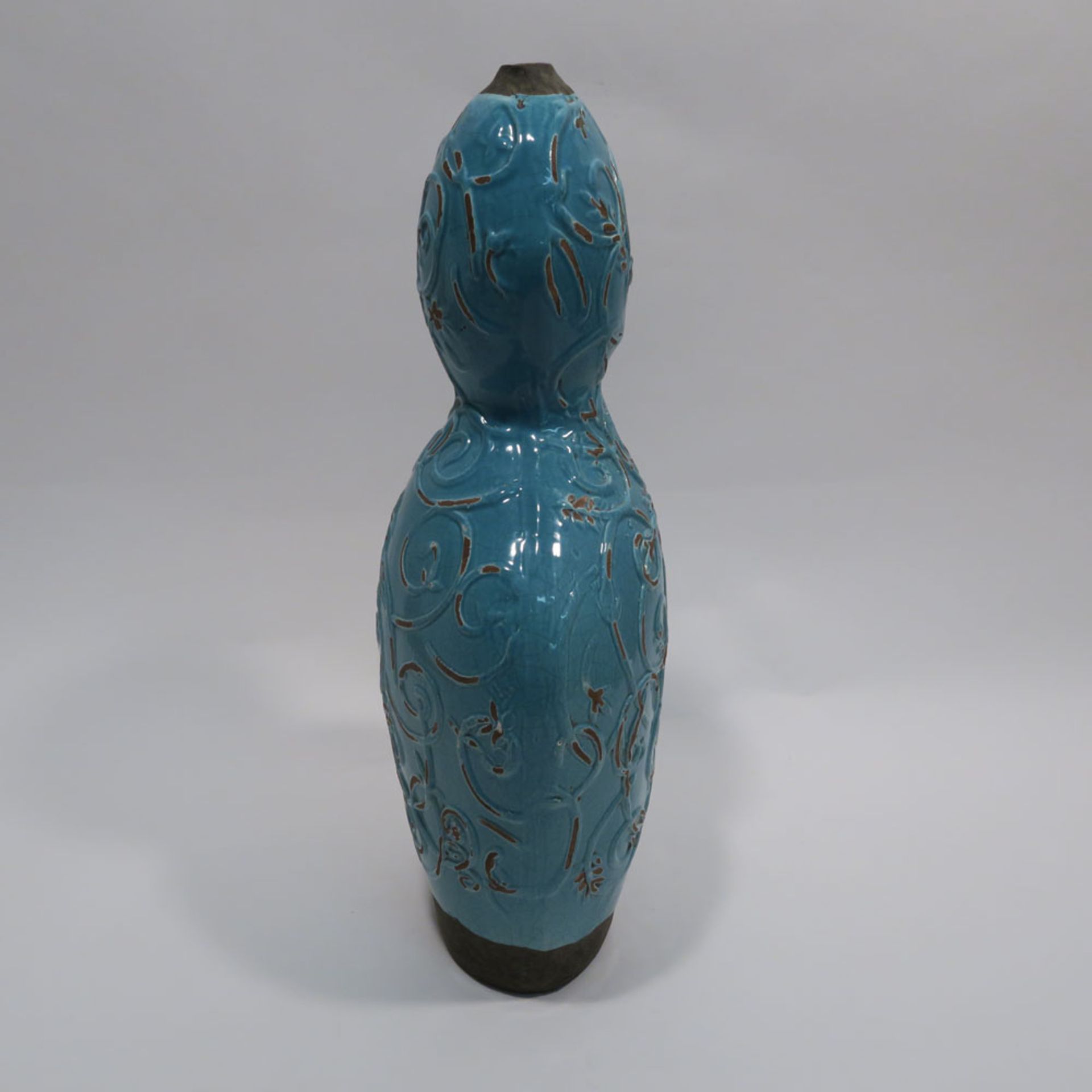 VaseWohl China. Keramik, türkisfarben glasiert. In Form eines gedrückten Doppelkürbis mit - Bild 4 aus 12