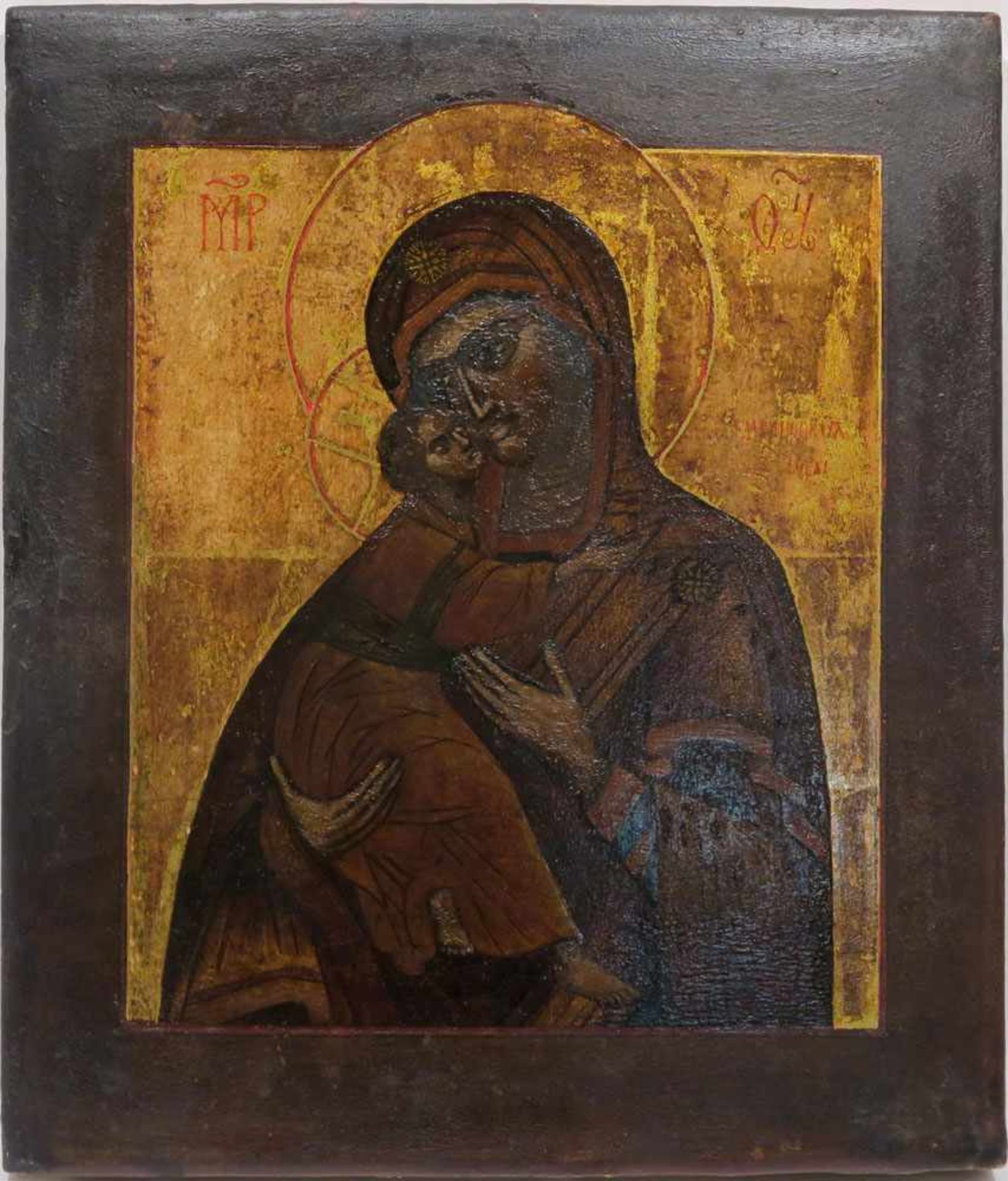Gottesmutter von WladimirRussland, 19. Jh. Tempera/Holz, zwei verlorene Rückseiten-Sponki. Rest., - Bild 2 aus 2