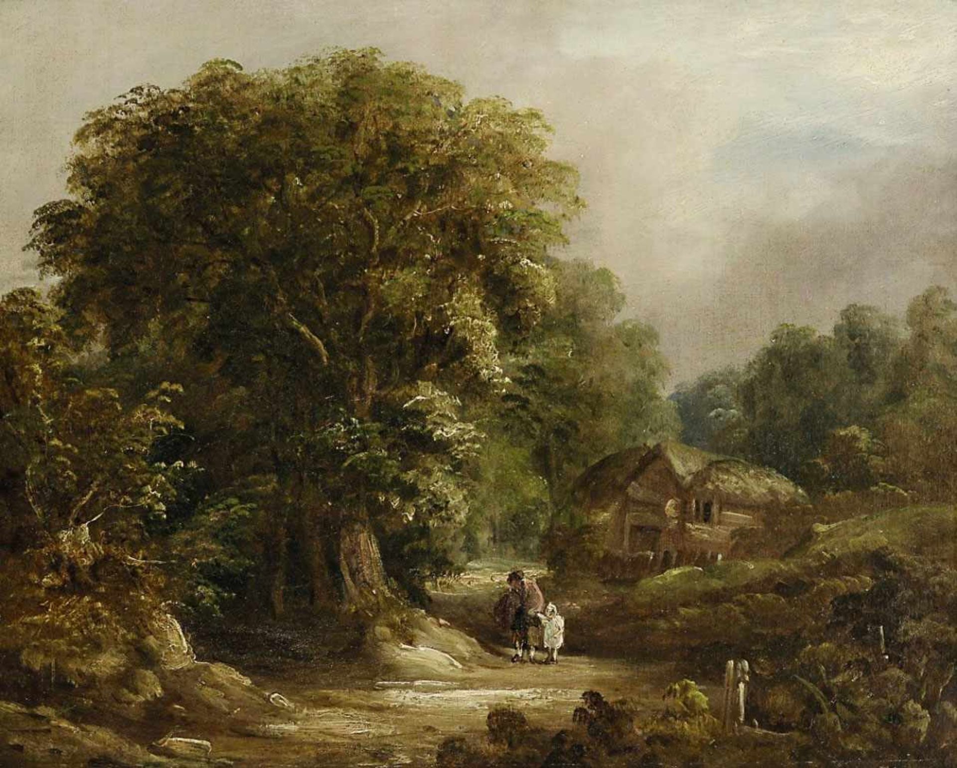 wohl England 19. Jh. Landschaft mit Cottage und Figurenstaffage Öl/Lwd. 36 x 44 cm. Doubliert. Rest. - Bild 2 aus 4