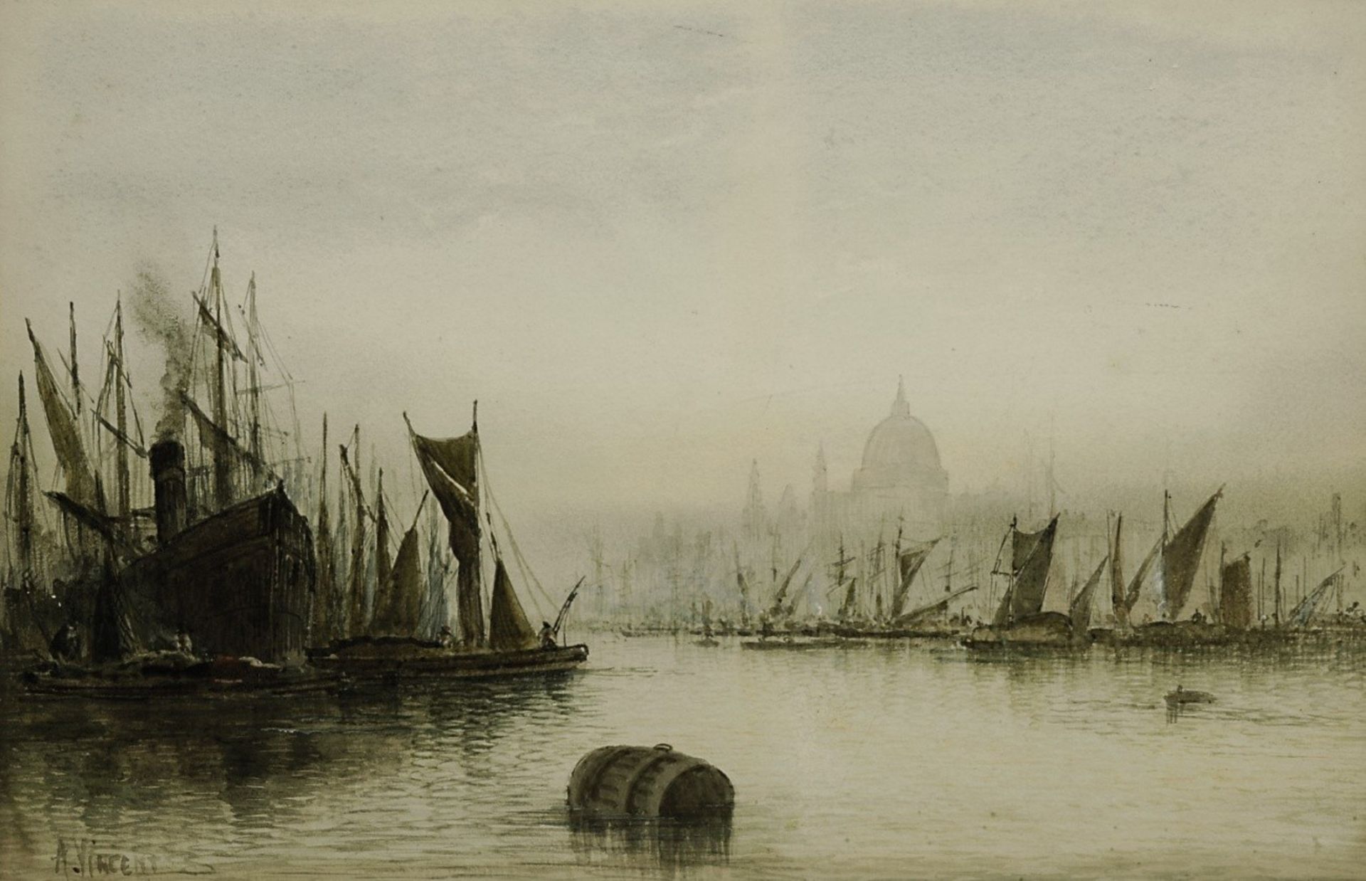 Vincent, A. 19./20. Jh. Schiffe vor Venedig im Morgendunst Aquarell. BA: 31,5 x 48,5 cm. L. u. - Image 2 of 2