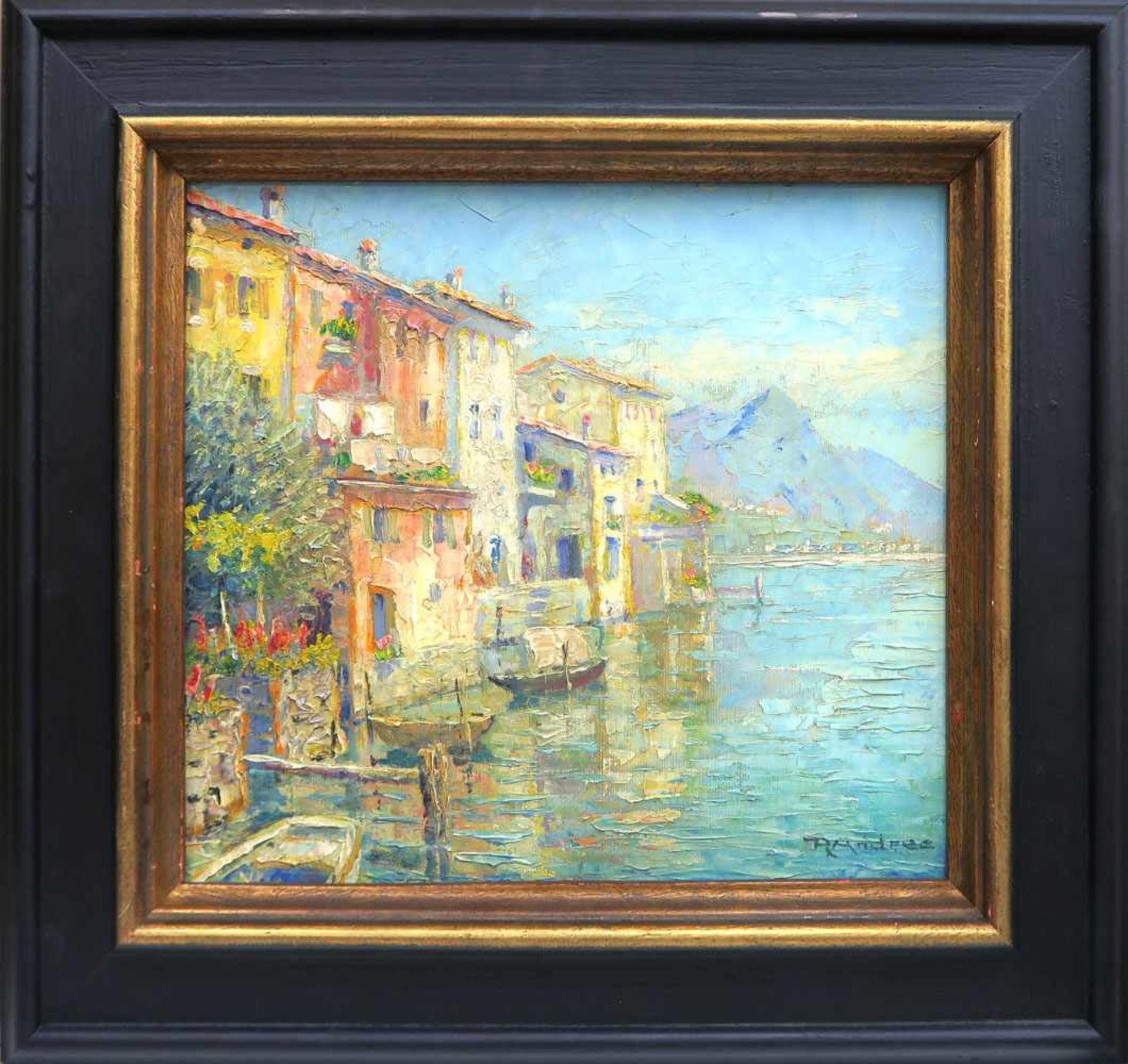 Andree, Rudolf 1887-1970 Lugano Öl/Lwd./Karton. 30,5 x 33,5 cm. R. u. signiert. Min. besch. Rahmen. - Bild 2 aus 2