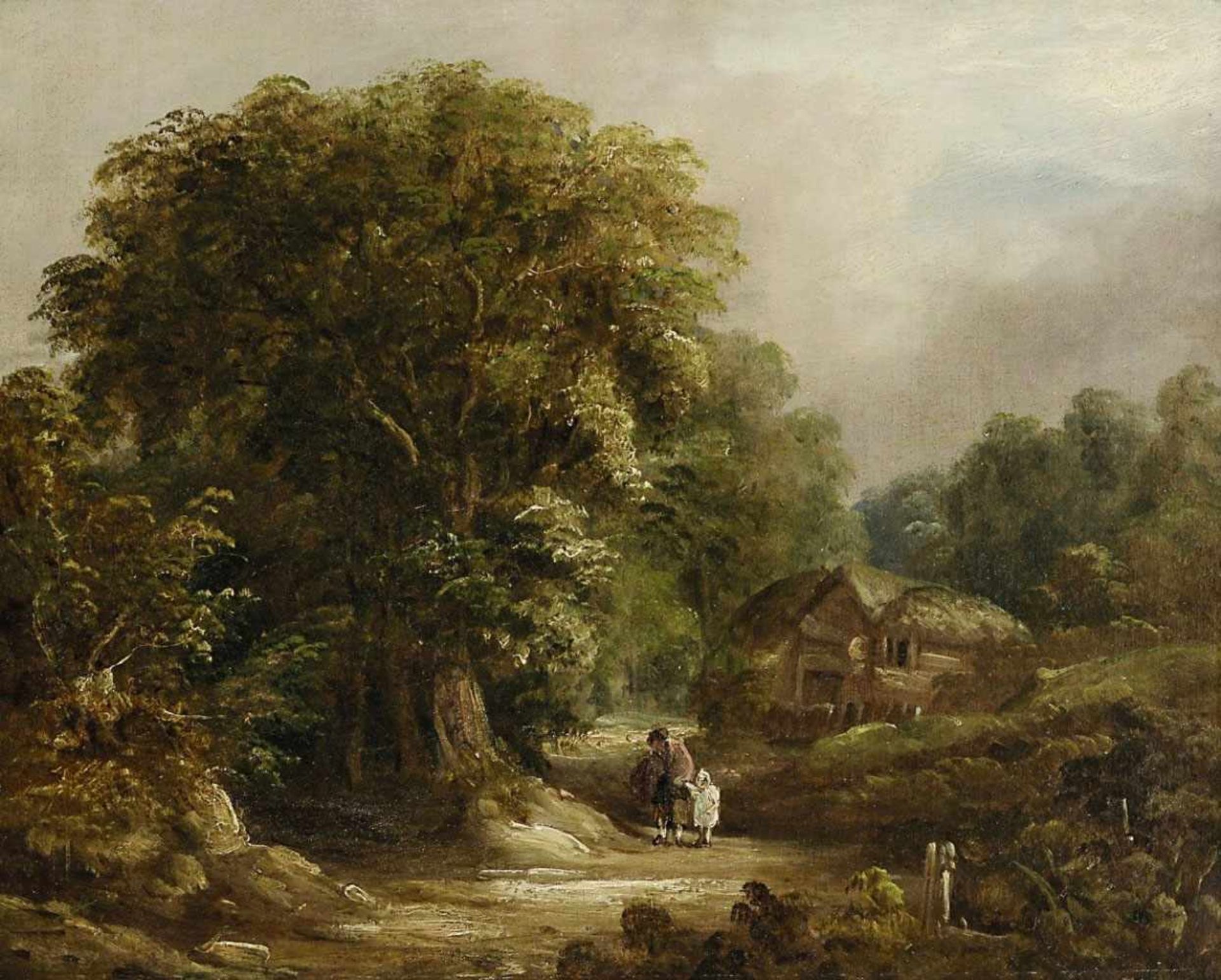 wohl England 19. Jh. Landschaft mit Cottage und Figurenstaffage Öl/Lwd. 36 x 44 cm. Doubliert. Rest.