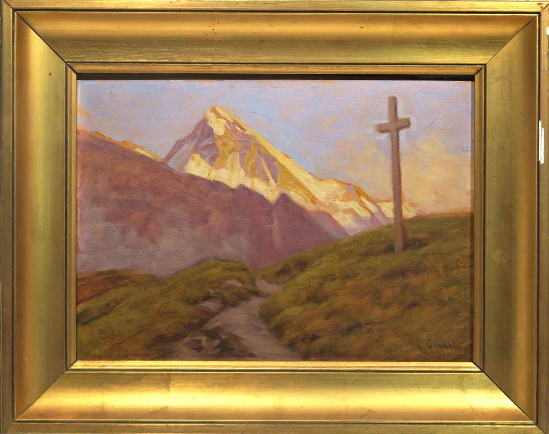 Gianoli, Louis Camille 1868 Genf - 1957 ebd. Kreuz im Gebirge Ölstudie/Karton. BA: 24 x 33,5 cm.