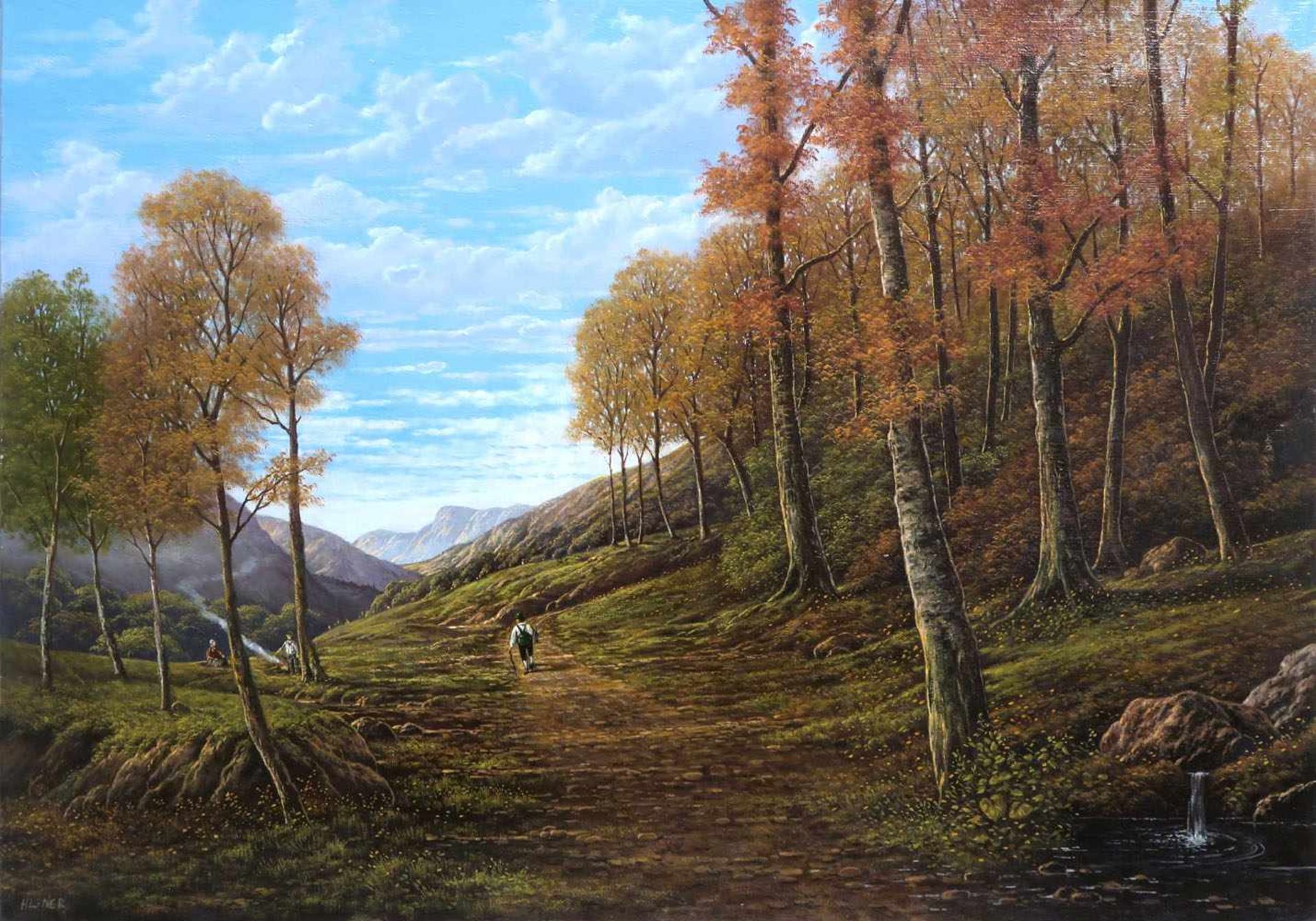 Hesner, Michael geb. 1944 Herbstliche Landschaft mit Wanderer Öl/Lwd. 42 x 59,5 cm. L. u. signiert. - Bild 2 aus 2