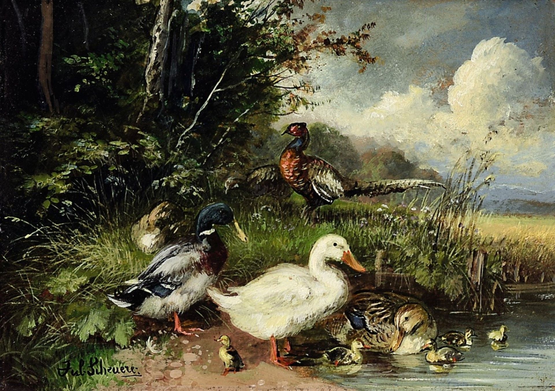 Scheuerer, Julius 1859 München - 1913 Planegg Enten und Fasane am Wasser Öl/Karton. 15,5 x 22,5 - Bild 2 aus 2