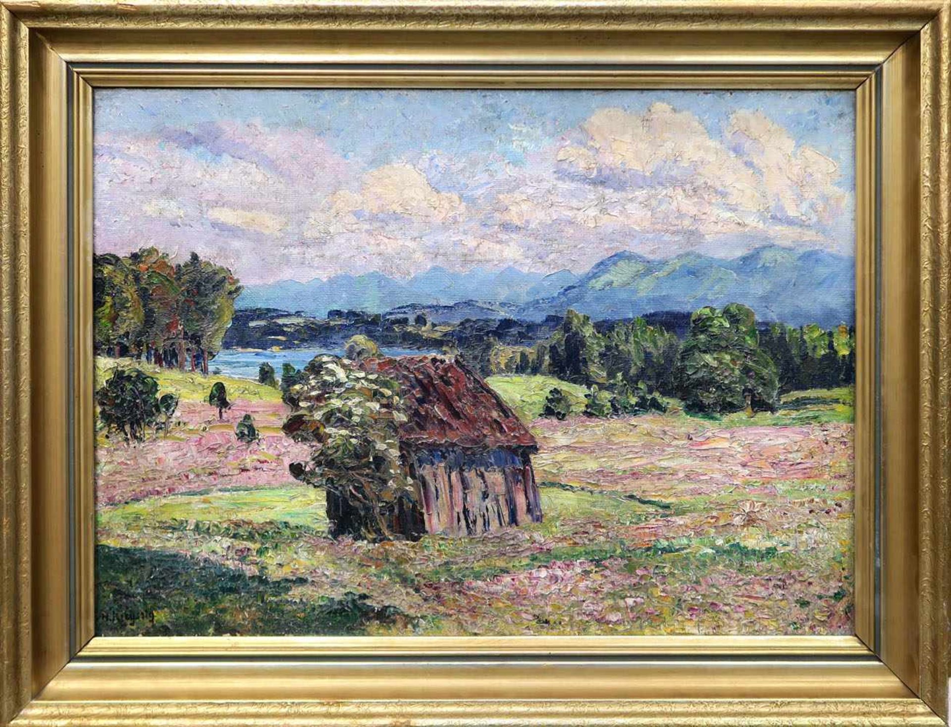 Kreyssig, Hugo 1873 Coburg - 1939 München Blick übers Land Öl/Lwd. 46 x 65 cm. L. u. signiert. - Bild 2 aus 2