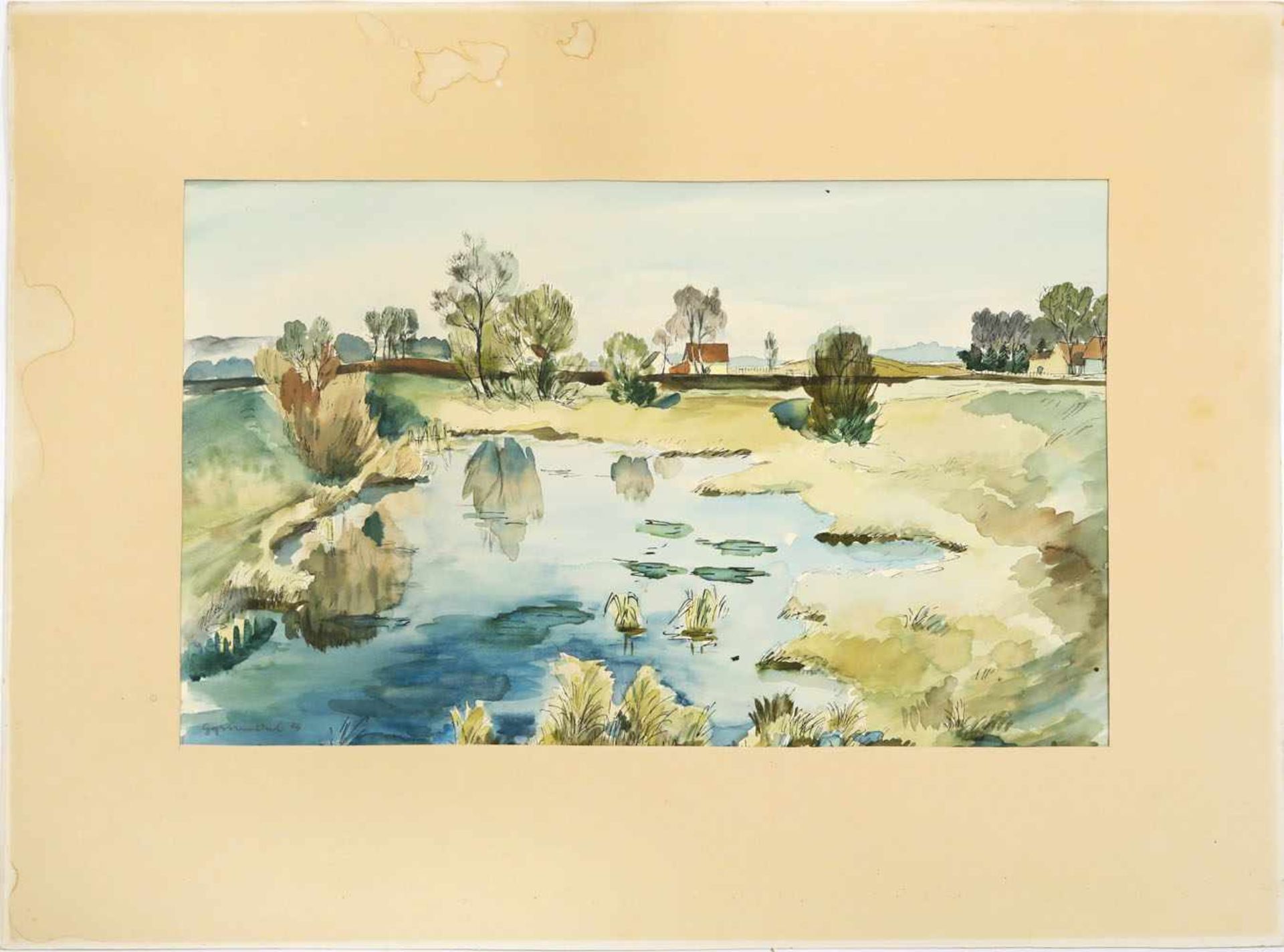Unbekannt 20. Jh. Landschaft mit Weiher Aquarell. 34,5 x 45,5 cm. L. u. unleserlich signiert und