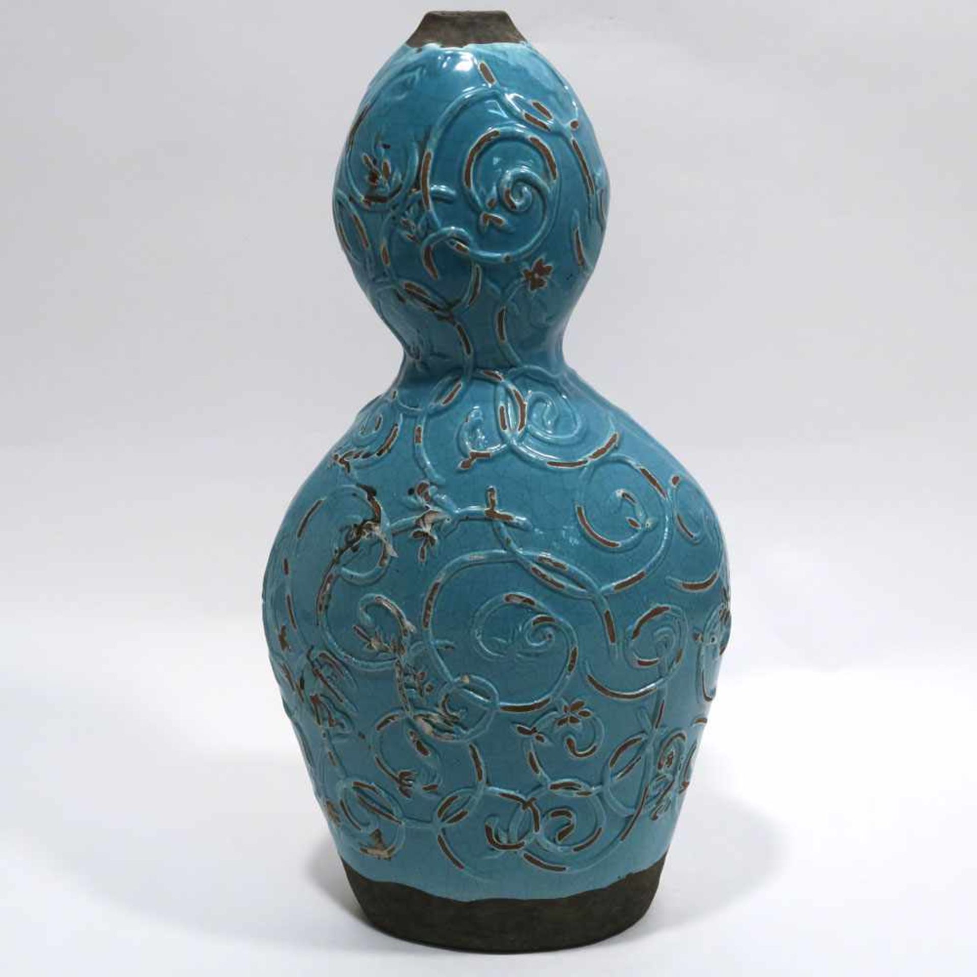 VaseWohl China. Keramik, türkisfarben glasiert. In Form eines gedrückten Doppelkürbis mit - Bild 2 aus 12