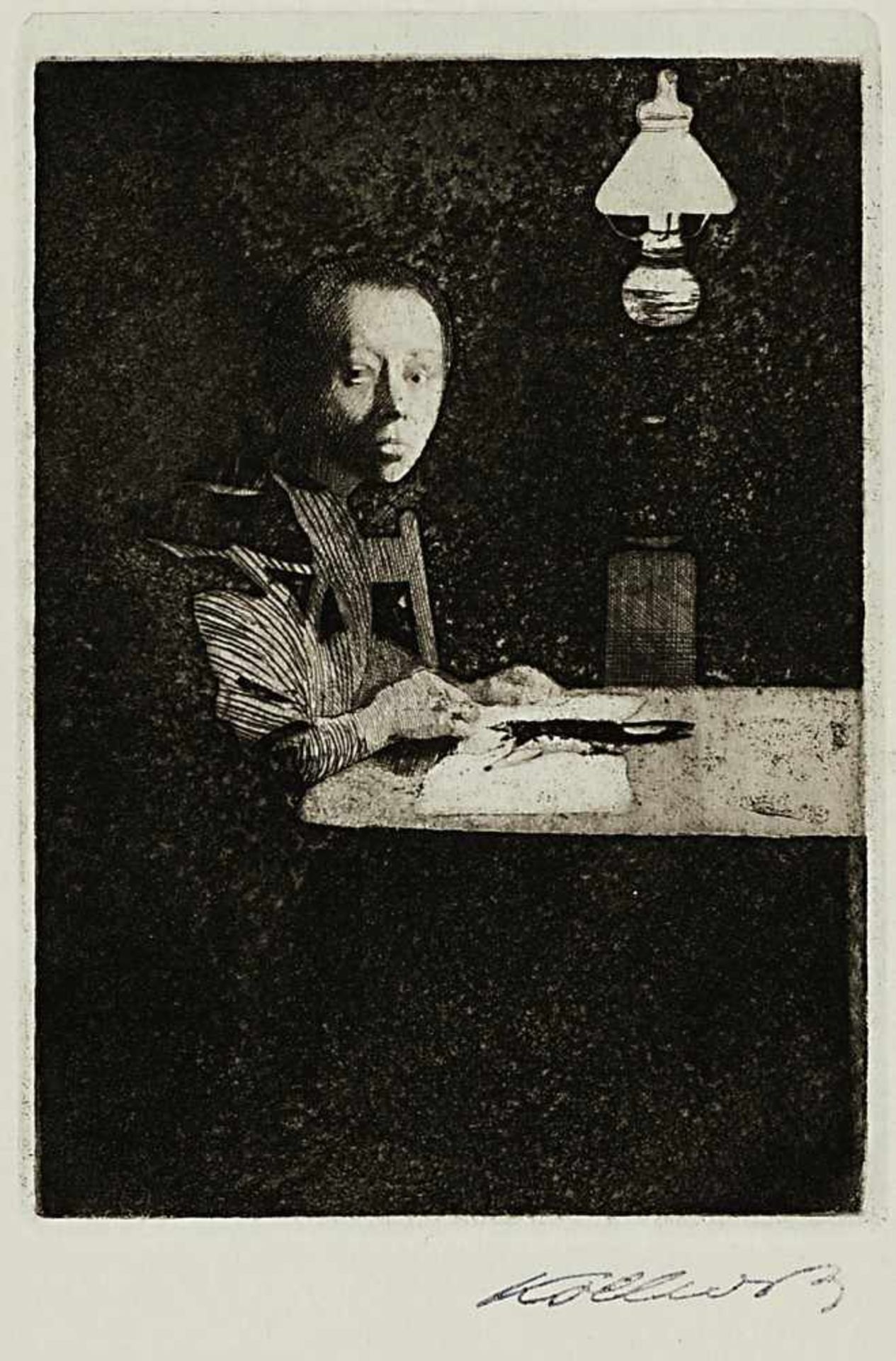 Kollwitz, Käthe1867 Königsberg - 1945 MoritzburgSelbstbildnis am TischRadierung mit Aquatinta (1893)