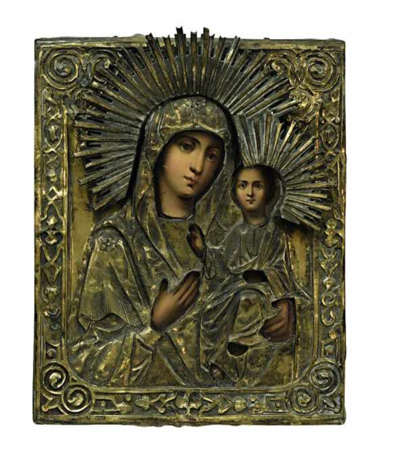Gottesmutter von SmolenskRussland, 2. Hälfte 19. Jh. Tempera / Holz, reliefiertes Messingoklad. 27 x