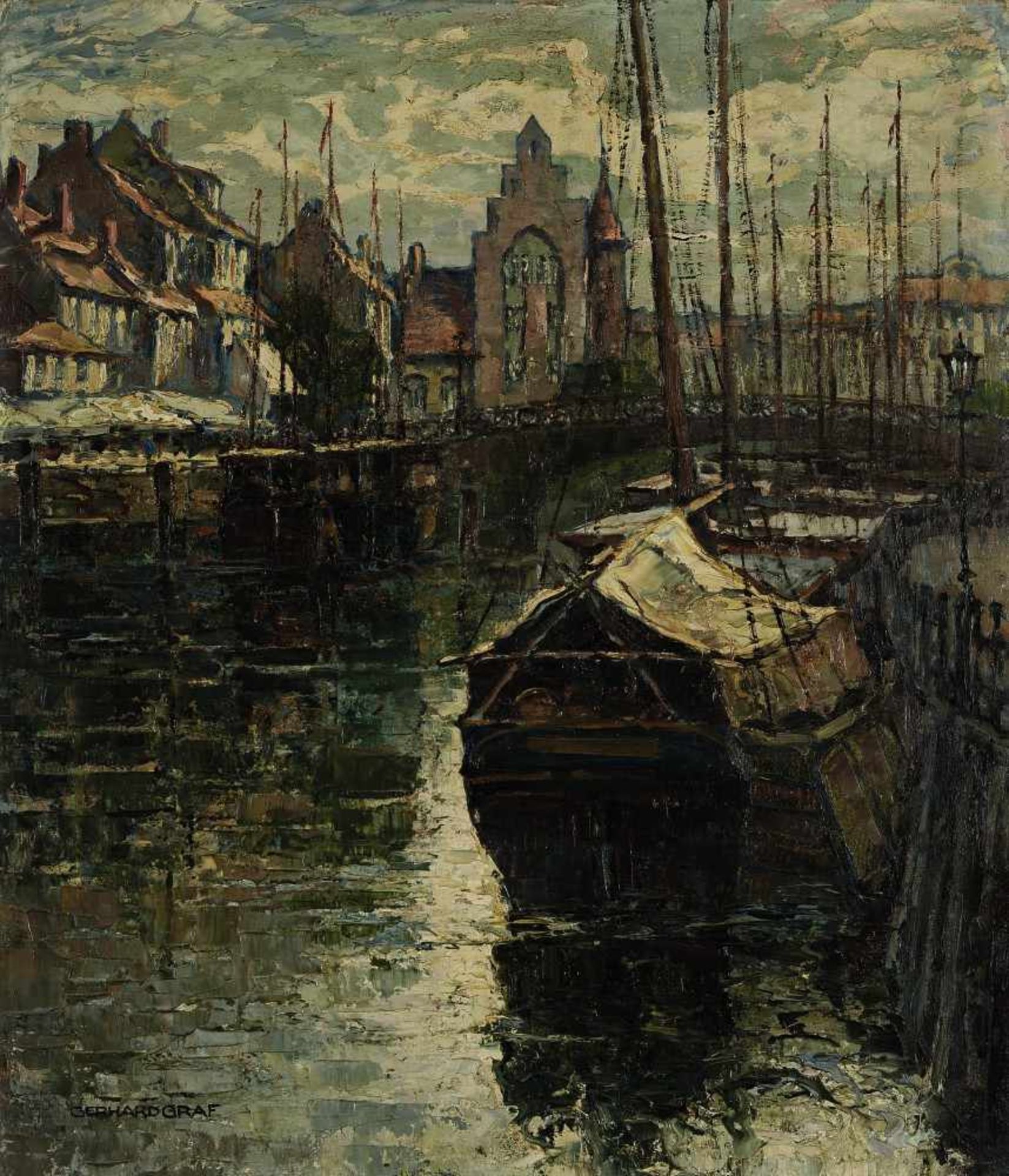 Graf, Gerhard 1883 Berlin - 1958 Stockholm Ankernde Boote in Königsberg Öl / Lwd. 70 x 60 cm L. u.