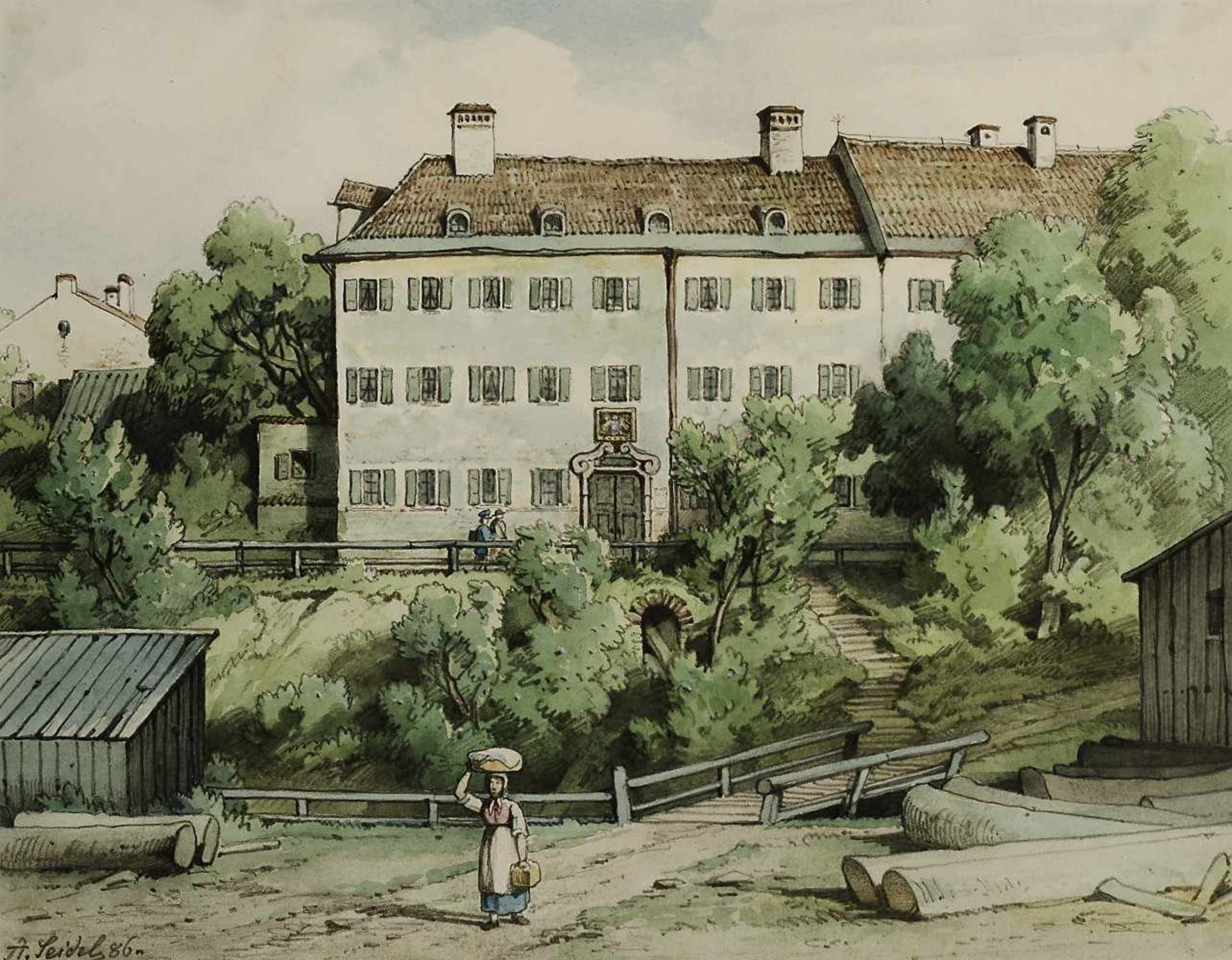 Seidel, August1820 München - 1904 ebd.Ansicht des Bezirksamtsgebäudes am LilienbergAquarell über