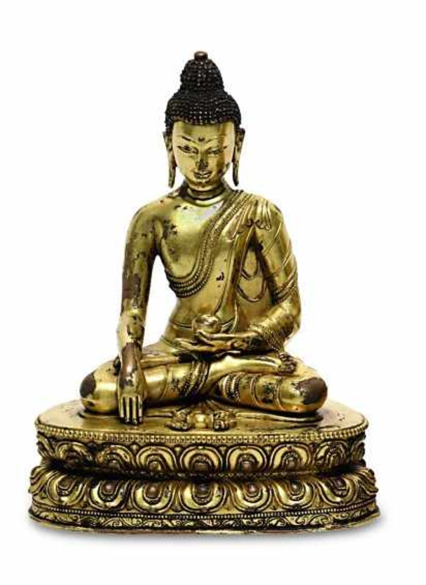 Buddha ShakyamuniTibet (oder sinotibetisch) Kupferbronze, vergoldet, die Haare mit Resten blauer