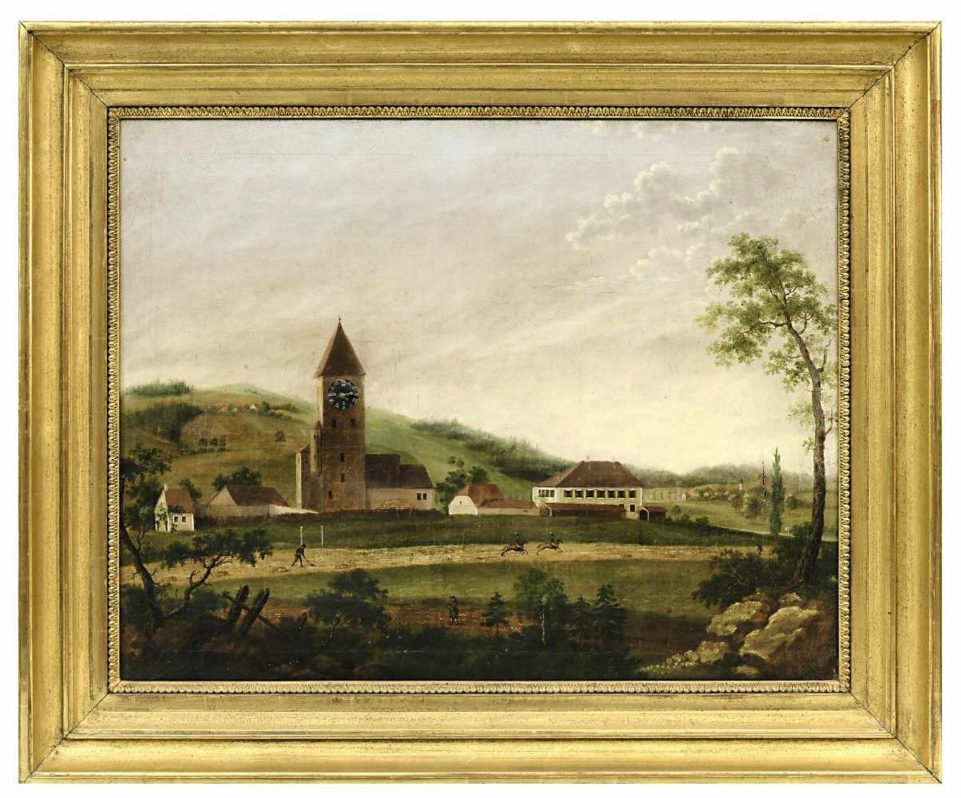 BilderuhrÖl / Lwd. Reiter in einer Landschaft mit Dorfkirche. Innenliegendes Schlagwerk auf zwei