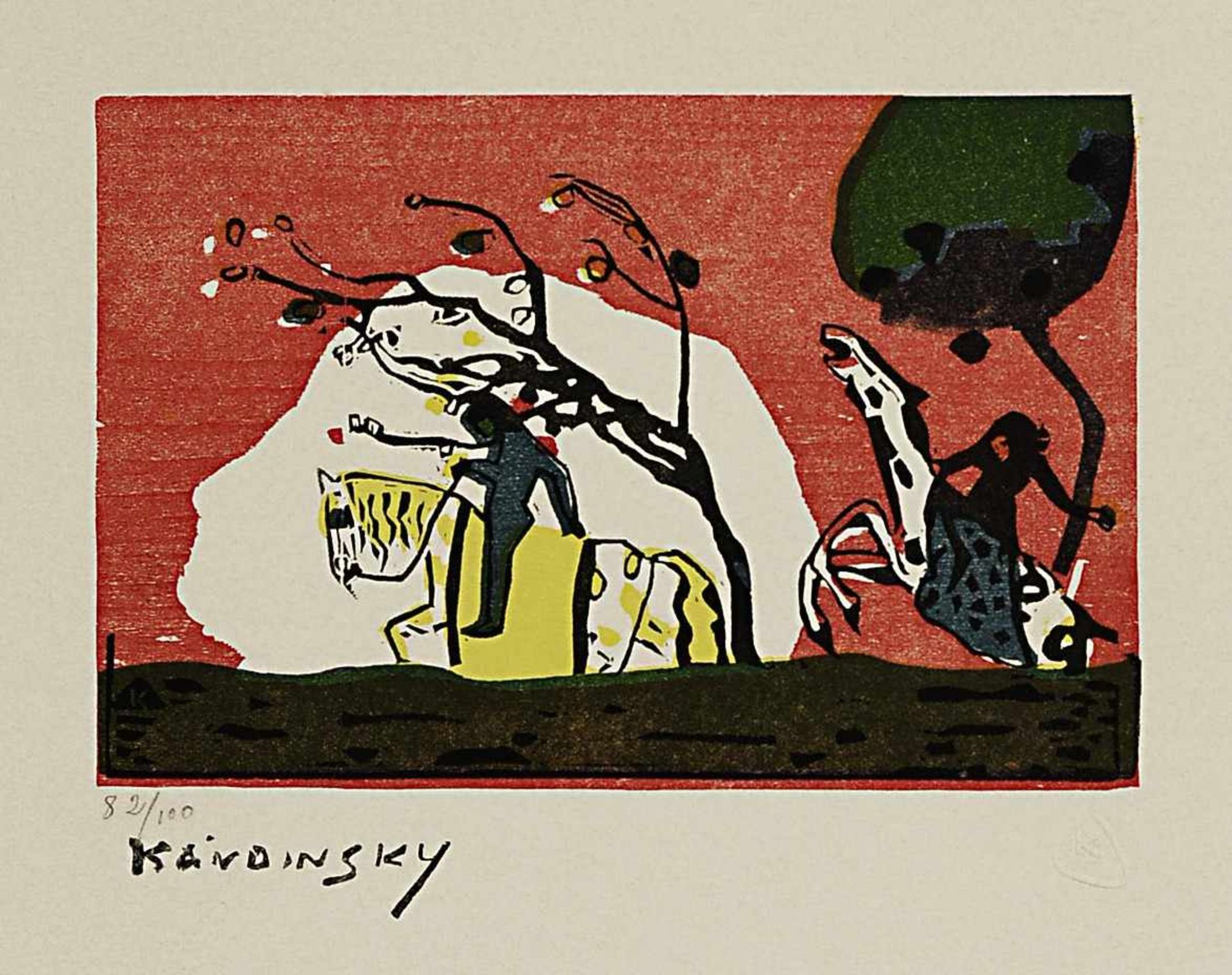 Kandinsky, Wassily1866 Moskau - 1944 ParisZwei Reiter vor RotFarbholzschnitt (aus: Klänge, wohl