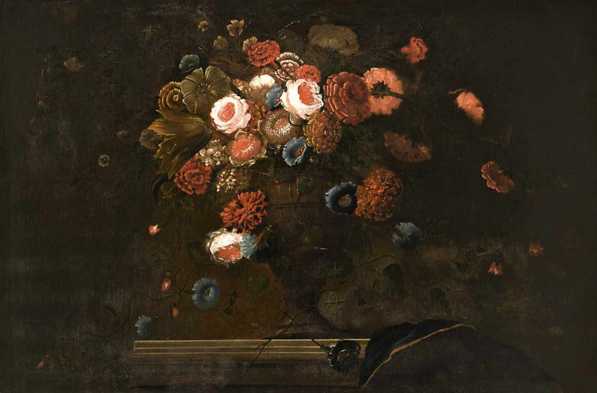 Unbekannt18. Jh.BlumenstilllebenÖl / Lwd. 103 x 151,5 cm Rest., doubliert, besch. Rückseitig Stempel