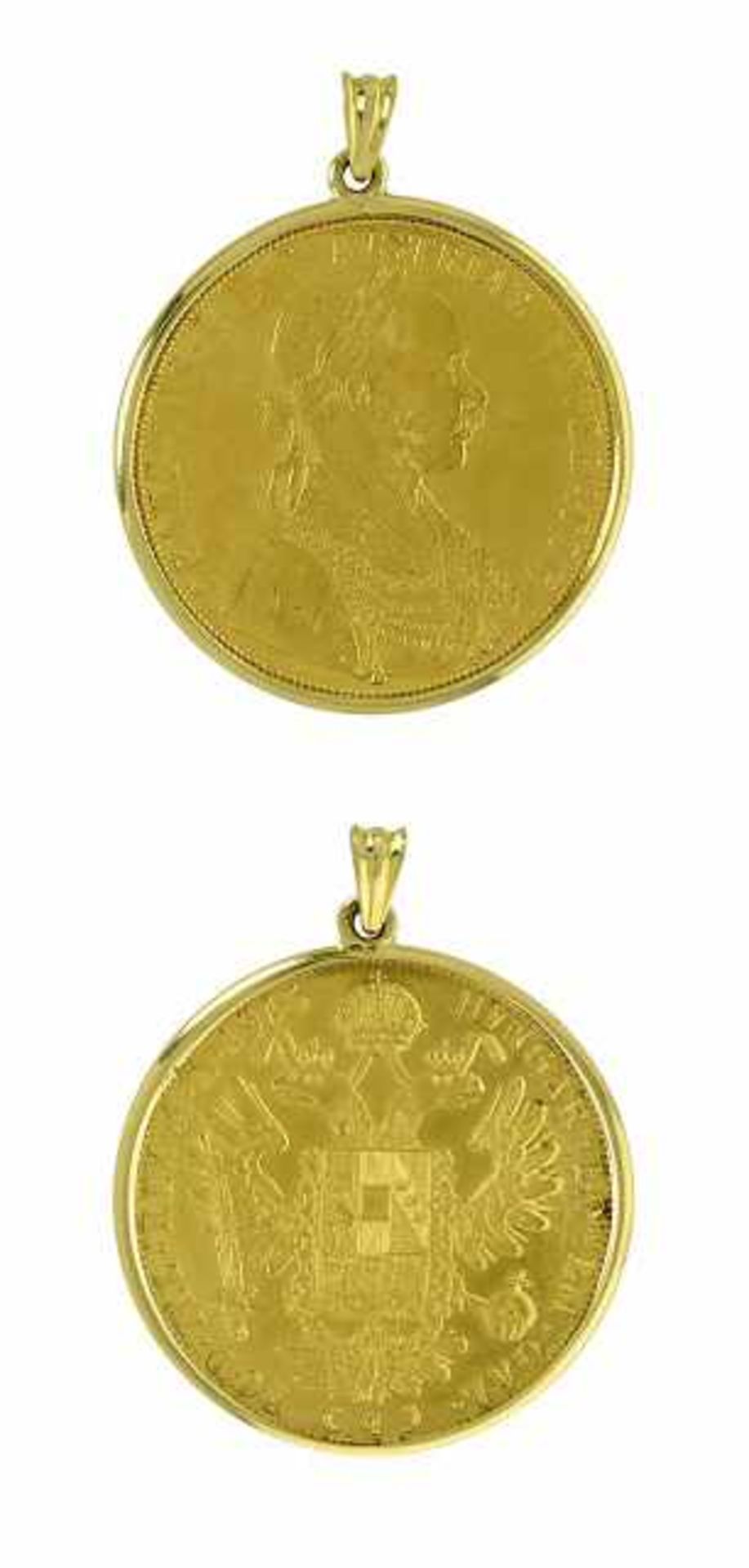 MünzanhängerFassung 18 K GG, Marke (750). Österreichische 4 Dukat Goldmünze, Kaiser Franz Joseph
