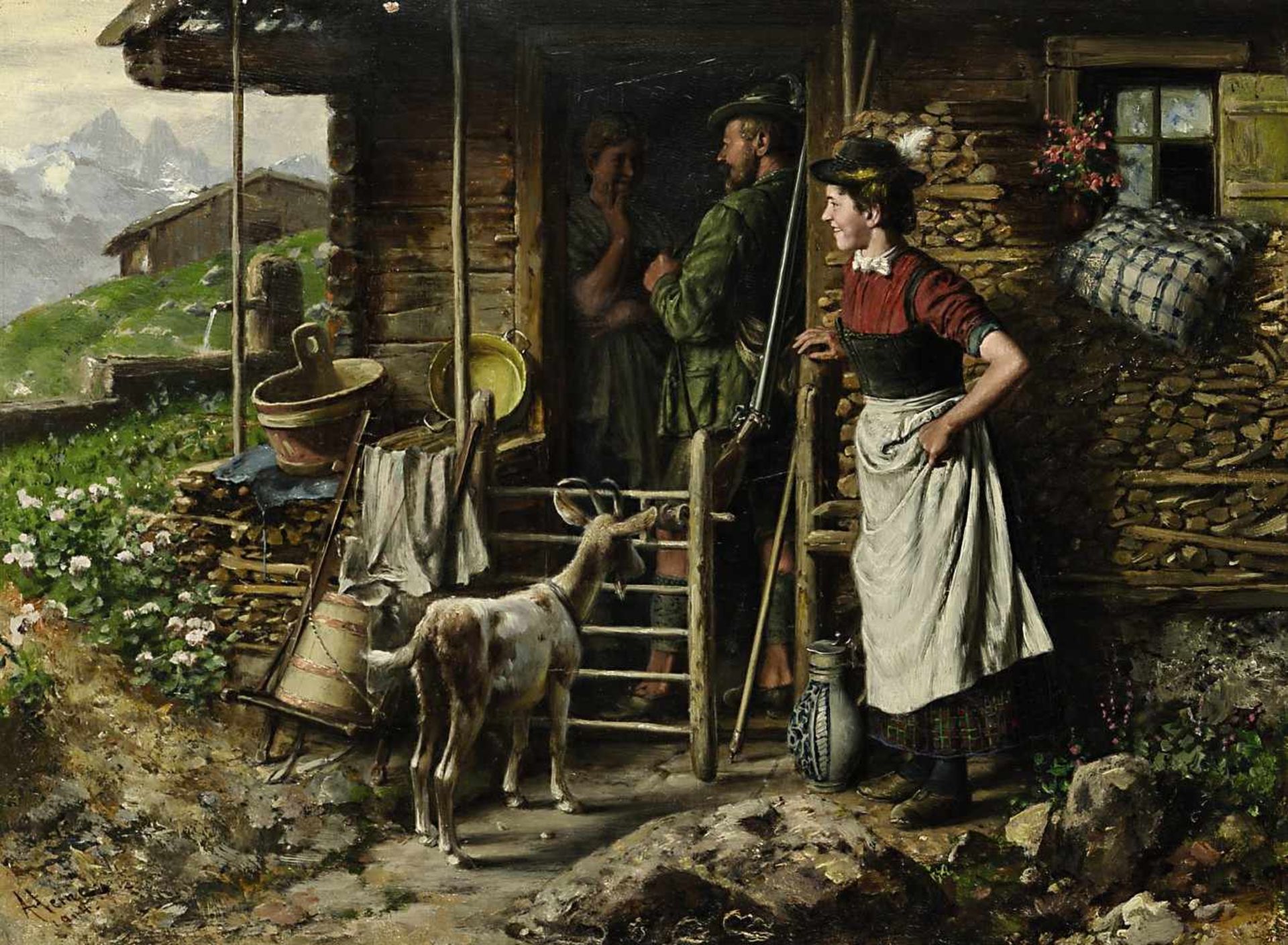 Heine, Johann Adalbertgeb. um 1850Besuch des Jägers auf der AlmÖl / Holz 23,7 x 32,4 cm L. u.