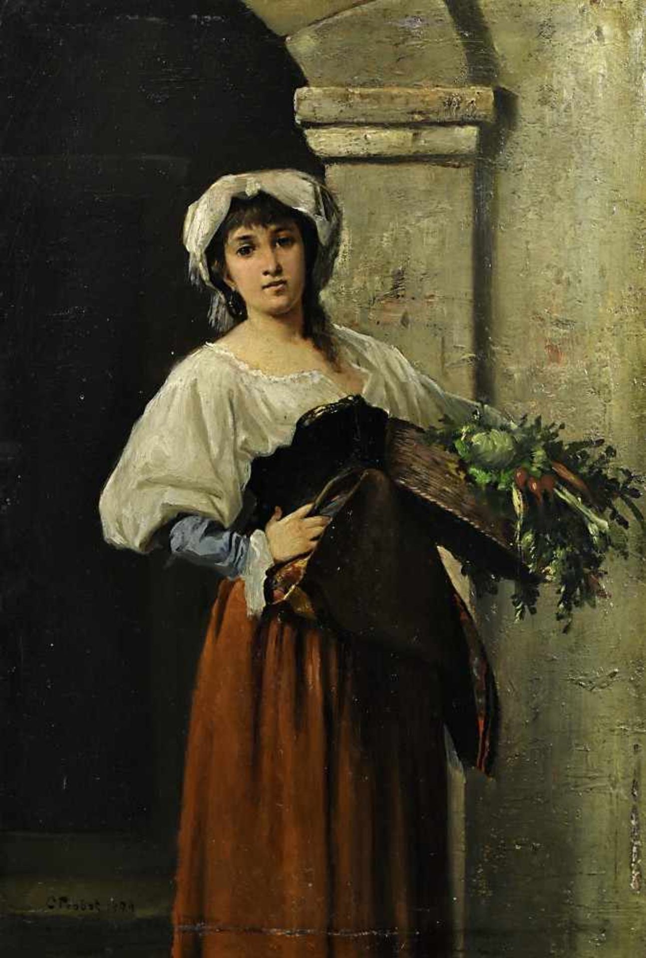 Probst, Carl1854 Wien - 1924 ebd.Junge Italienerin mit GemüsekorbÖl / Holz 26,5 x 17,9 cm L. u.