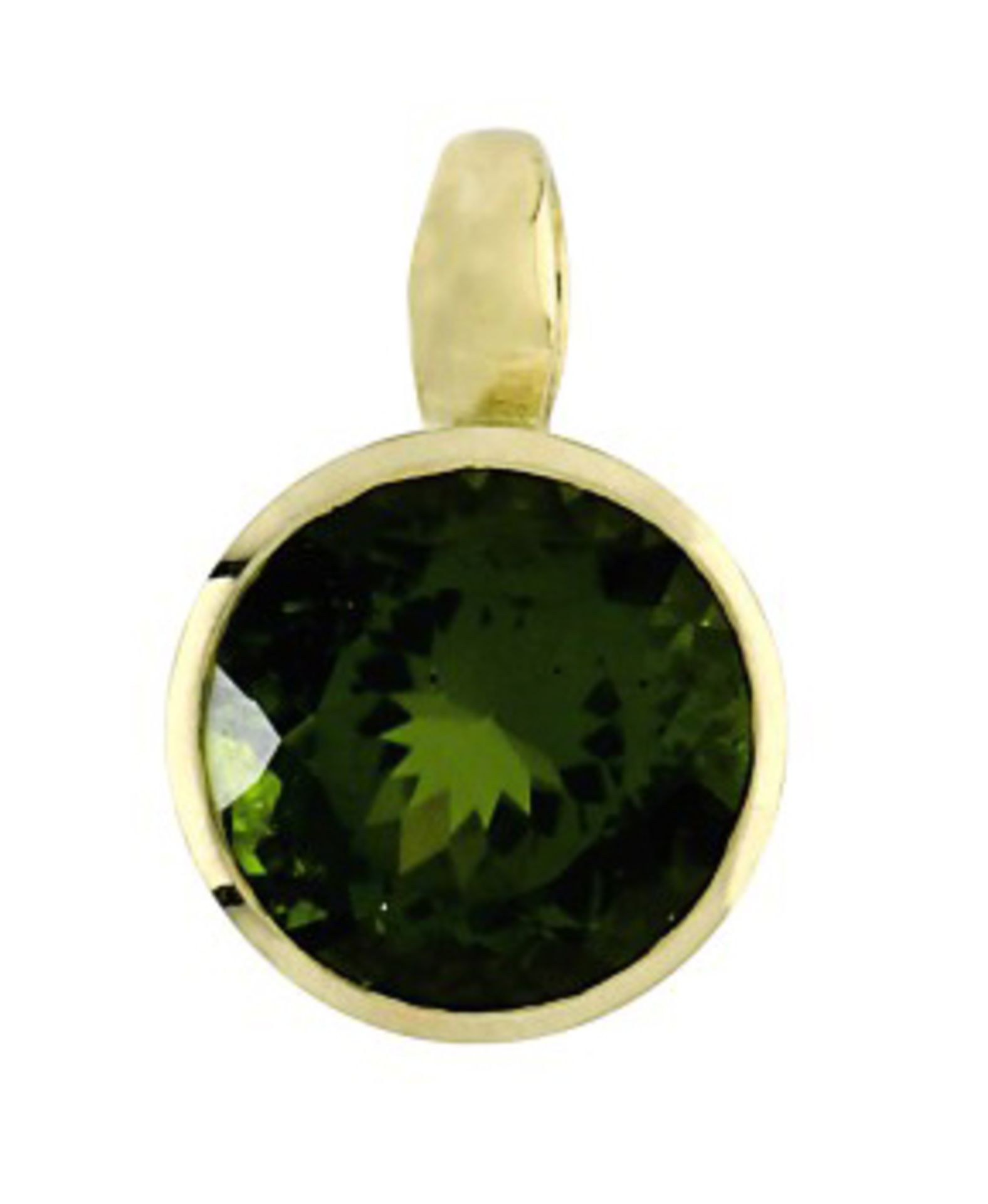 Anhänger14 K GG, Marke (585). Besetzt mit einem rund facettierten Peridot, ca. 5,5 ct. Ø 1,3 cm. Ca.