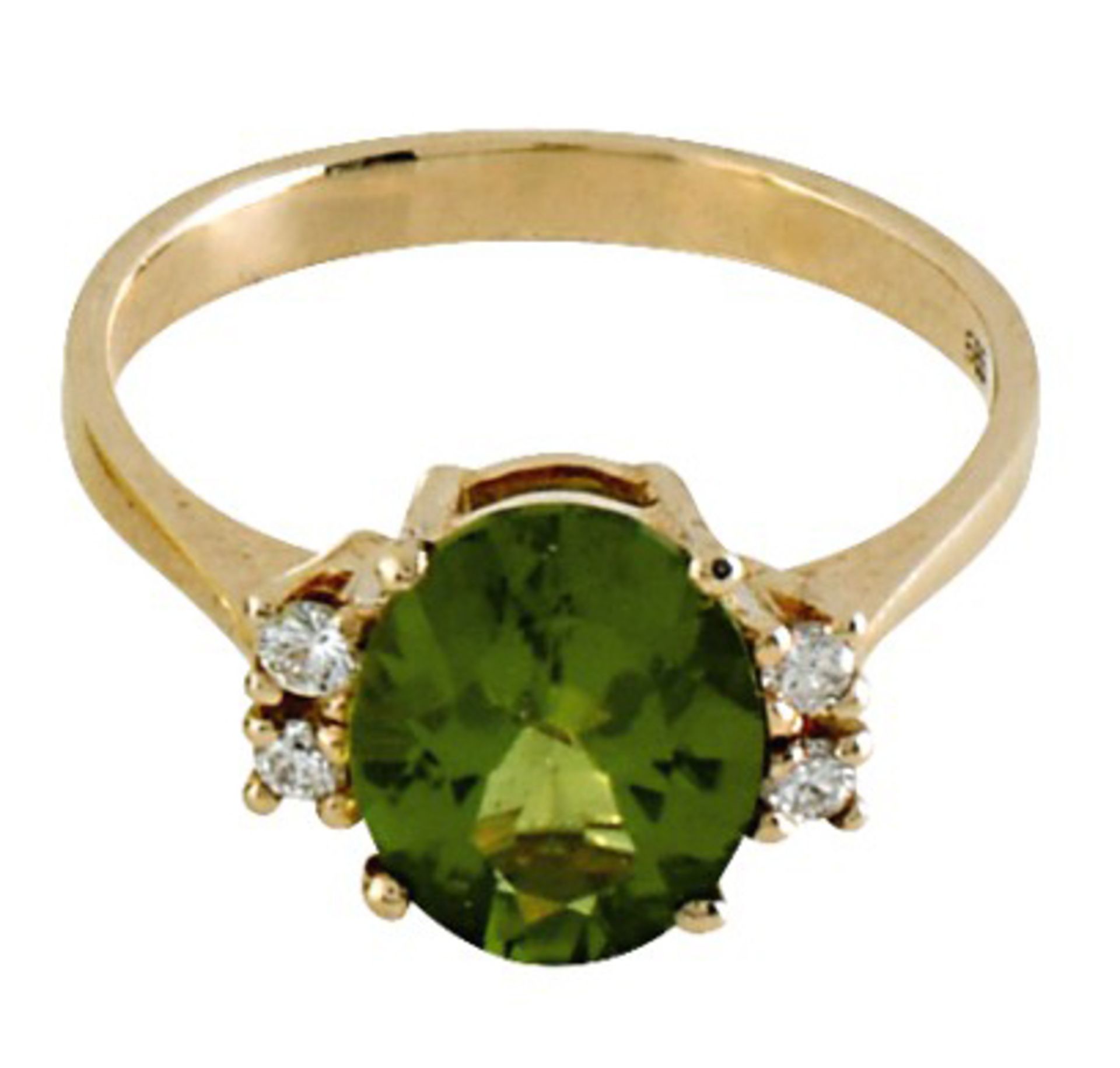 Ring14 K RG, Marke (585). Der hochovale Ringkopf besetzt mit einem Peridot in Ovalschliff, ca. 2,6