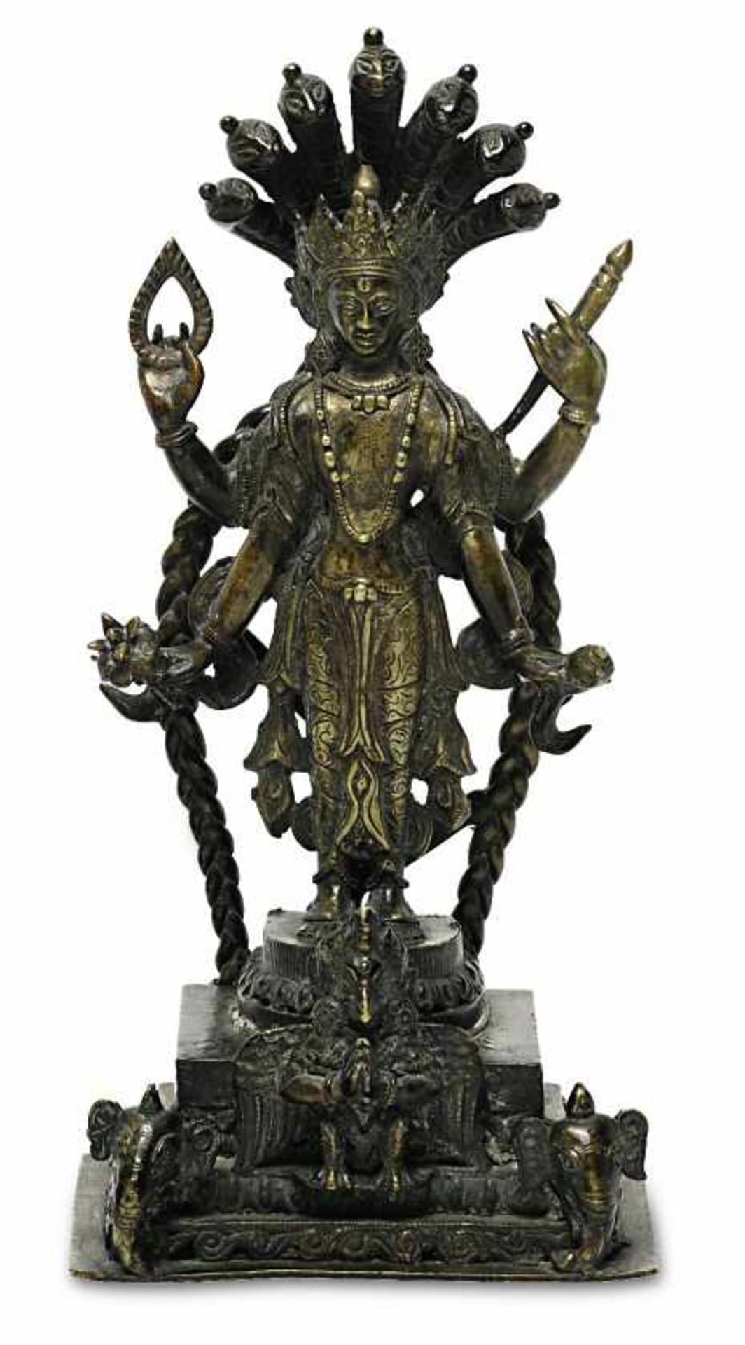 Vierarmiger Bodhisattva (Lokeshvara?)Tibet (?) Bronze. Stehender Bodhisattva, in den vier Händen