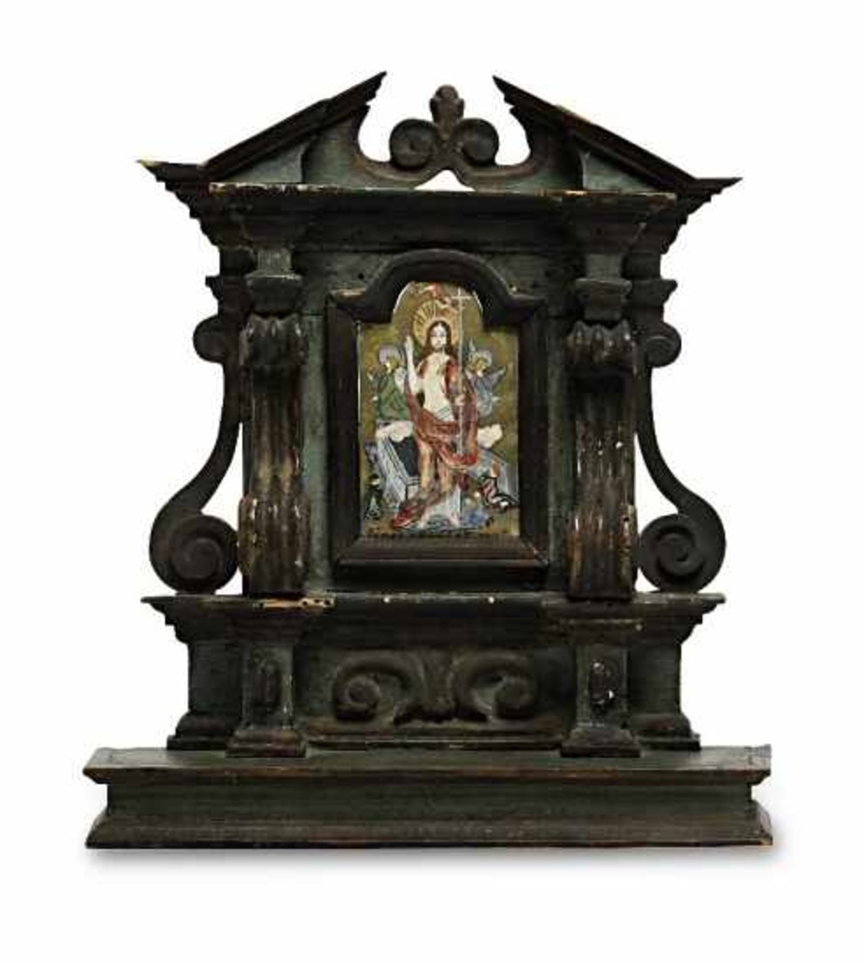 Miniatur-AltarBarockstil Holz, grün und dunkelbraun gebeizt. Altaraufbau mit Voluten und