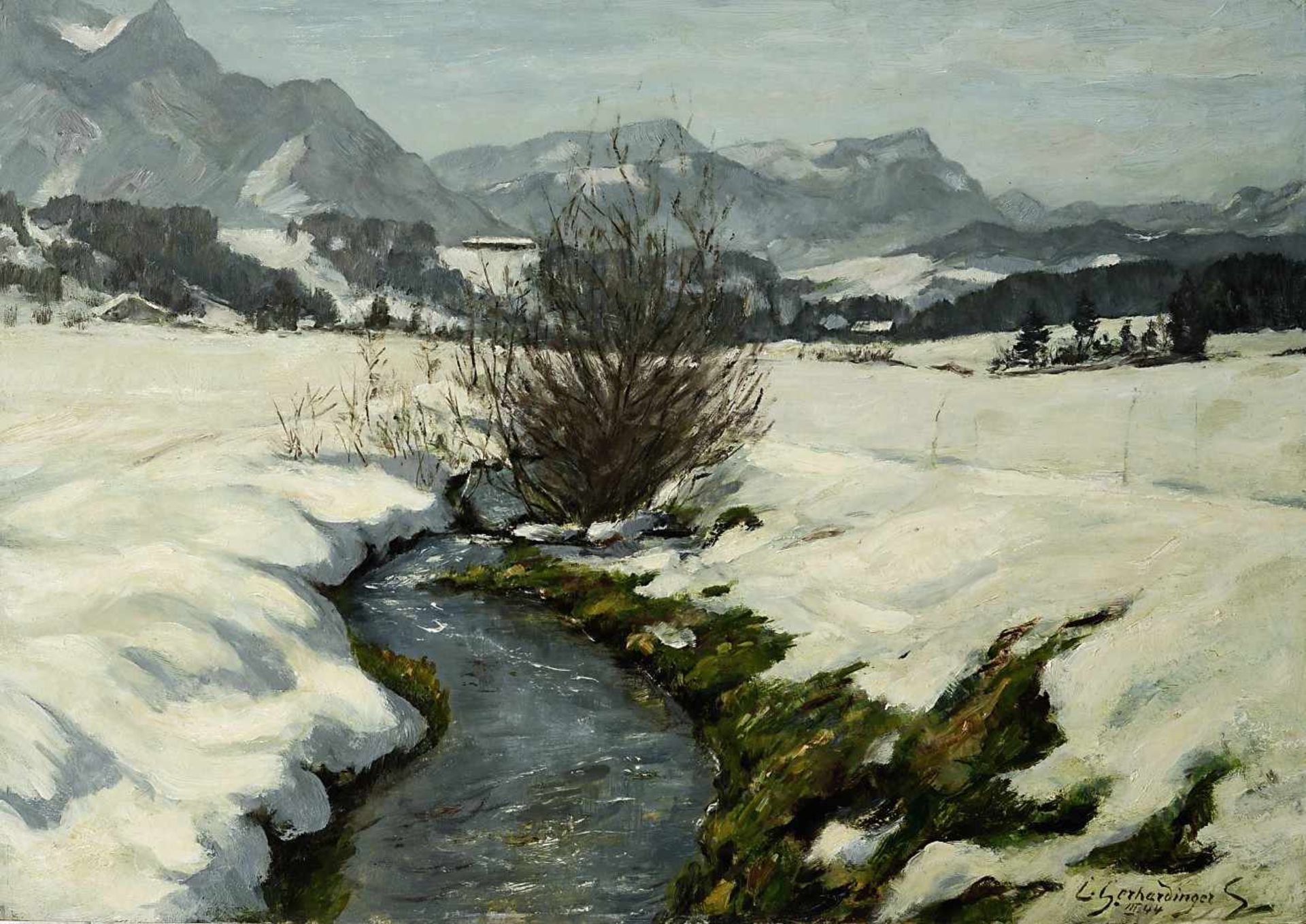 Gerhardinger, Constantin1888 München - 1970 TörwangBach im Schnee (am Samerberg)Öl / Hartfaser 35,