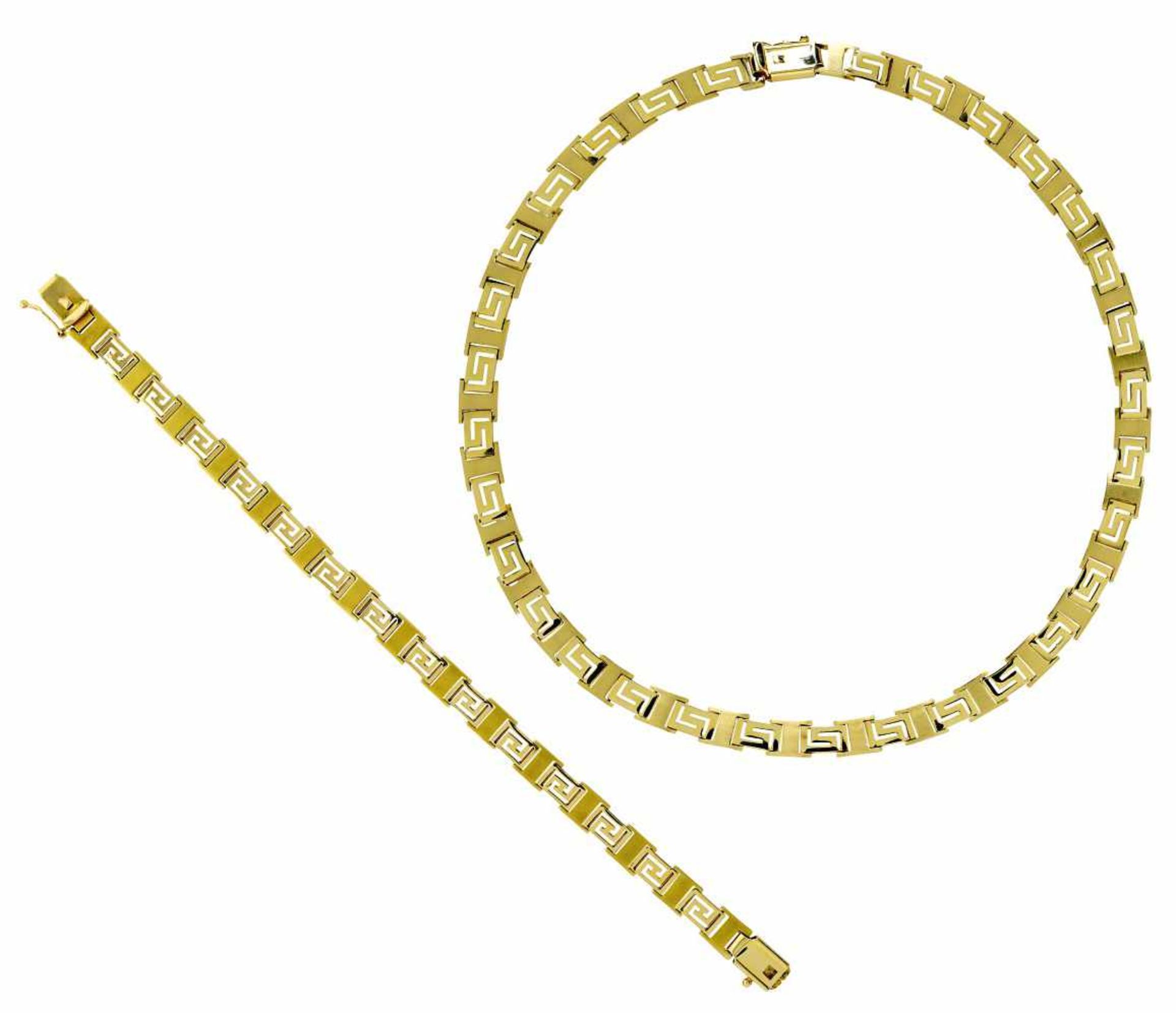 Collier und Armband14 K GG, Marke (585). Umlaufend jeweils teilsatinierte Mäanderform. L. 19,5 cm