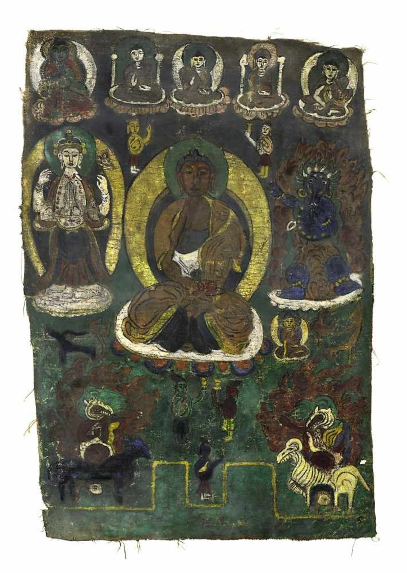 ThangkaWohl Tibet Gouache auf Stoff. Sitzender Buddha, umgeben von weiteren Bodhisattvas und