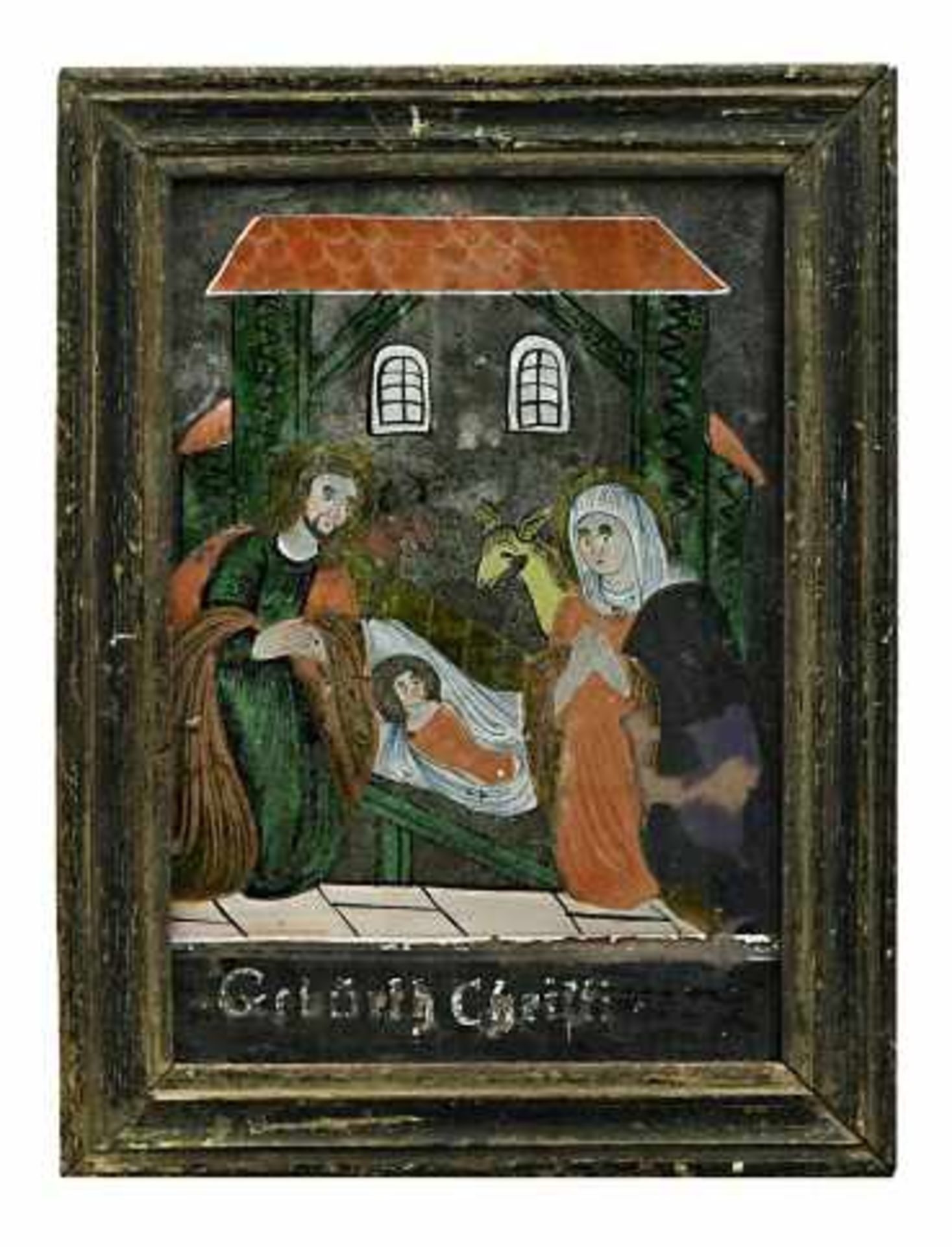 Hinterglas-Spiegelbild: Geburt ChristiBuchers oder Sandl, 19. Jh. Unterhalb der Darstellung in