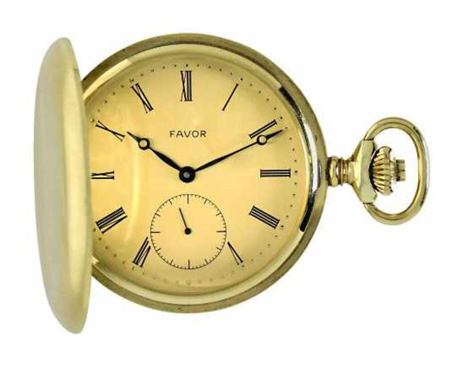 Savonette mit UhrenketteFavor, um 1975 14 K GG, Marken (585). Rundes, glattes, satiniertes