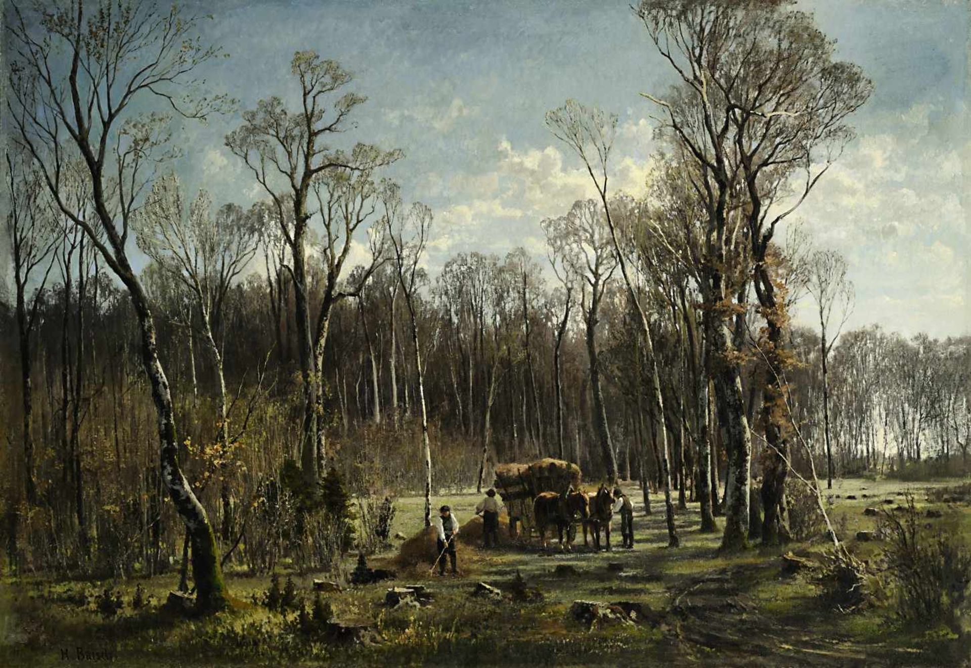 Baisch, Hermann1846 Dresden - 1894 KarlsruheHeuernte auf einer WaldlichtungÖl / Lwd. 81 x 114 cm