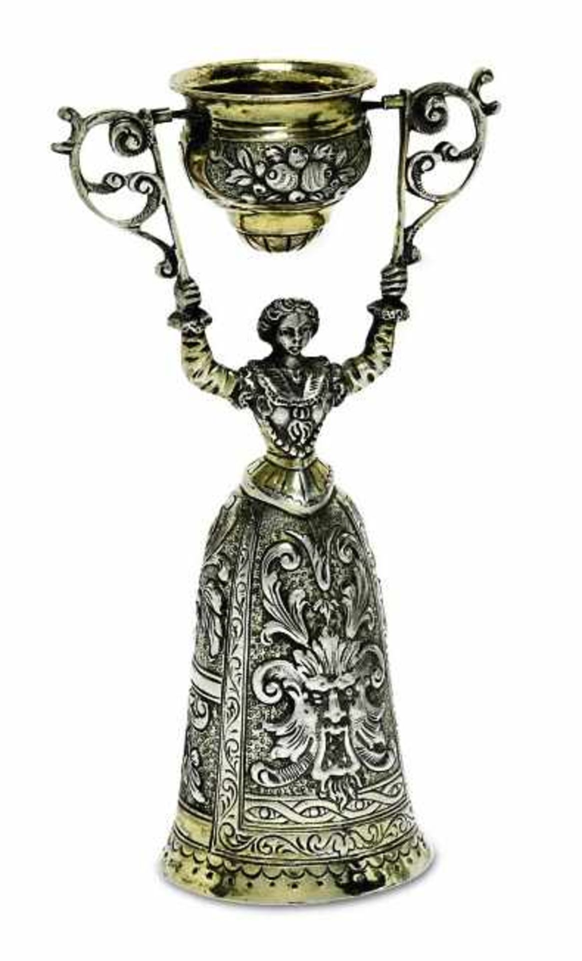 BrautbecherEnde 19. Jh. Silber, teilvergoldet. Frauenfigur, das bodenlange Gewand mit reliefiertem