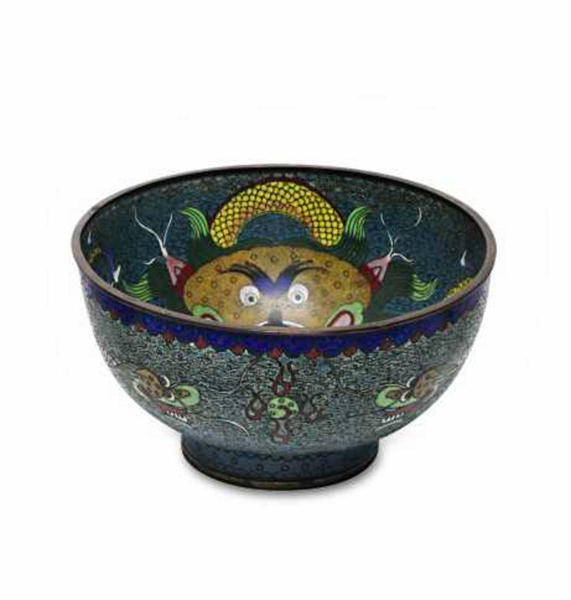 Cloisonné-SchaleChina Gelbe Drachen auf blauem Grund. Email besch. H. 11,5 cm, Ø ca. 22,5 cm- - -