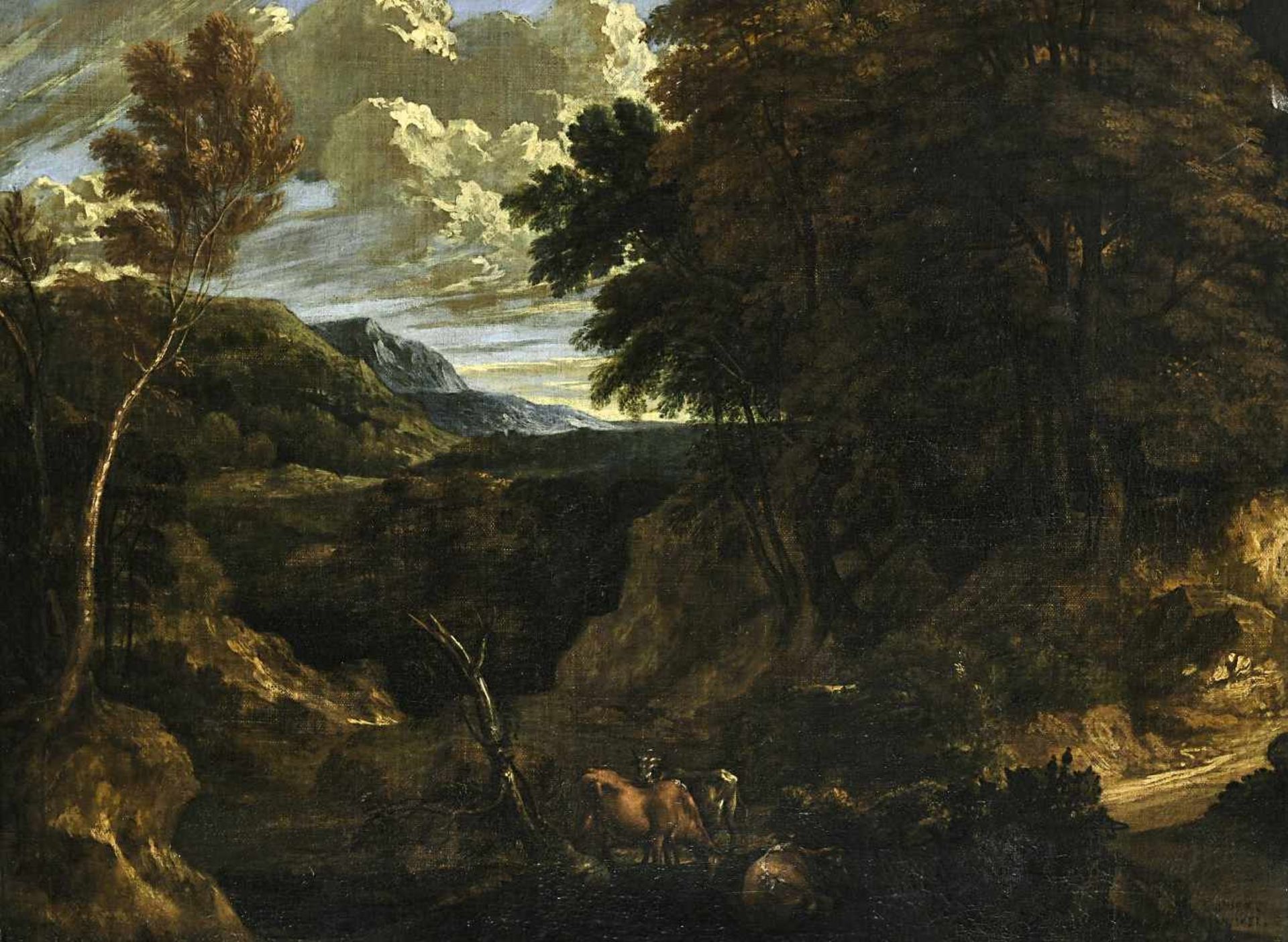 18. Jh.Landschaft mit KühenÖl / Lwd. 68 x 91 cm R. u. bez. und datiert "S. Rosa 1651". Rest., besch.