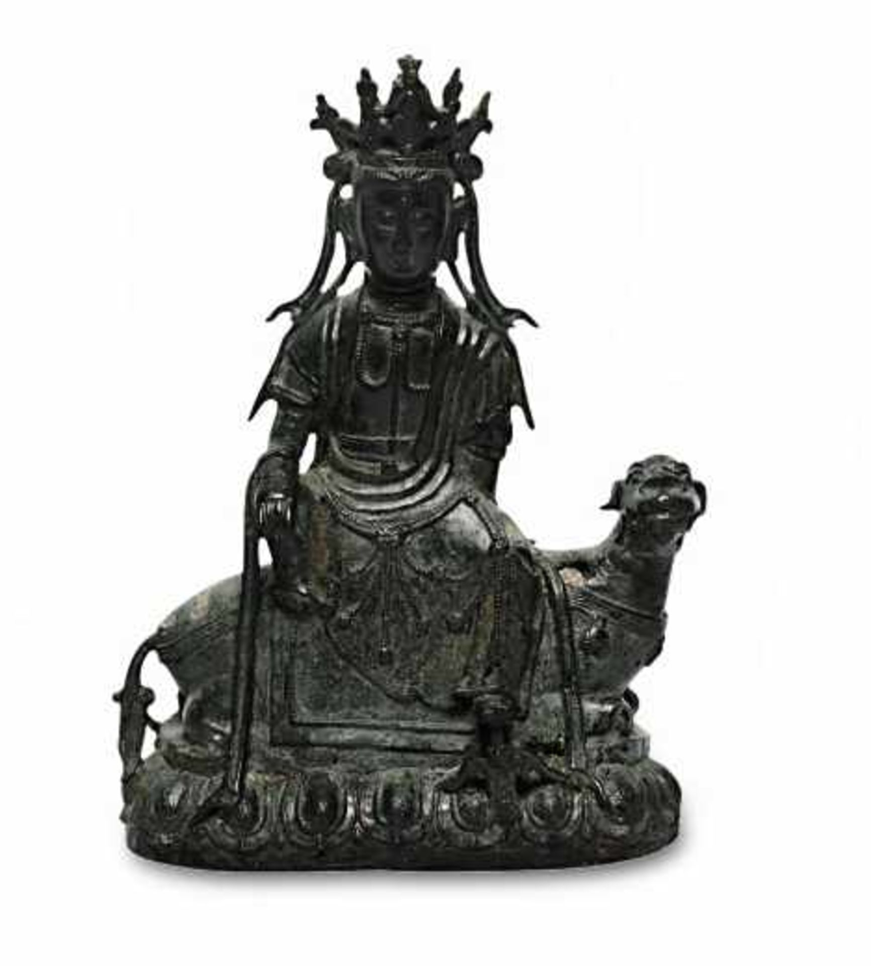 Guanyin auf einem LöwenChina Bronze mit Resten von Lackfassung. Besch. H. 26,5 cm- - -26.00 %