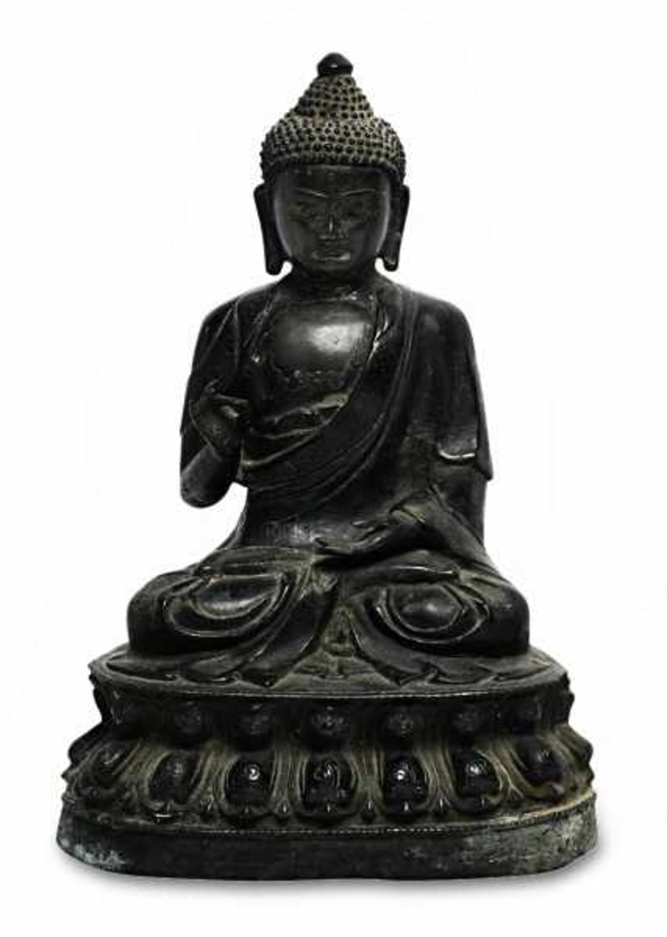 Sitzender BuddhaChina, Ming (?) Bronze mit Resten von Lackfassung. Im Meditationssitz auf einem