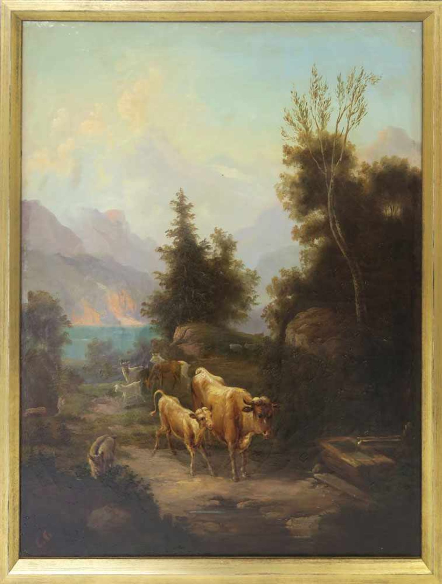 Monogrammist C.G.wohl 19. Jh.Kühe und Ziegen auf dem Weg zur TränkeÖl/Lwd. 76,5 x 61 cm. L. u.