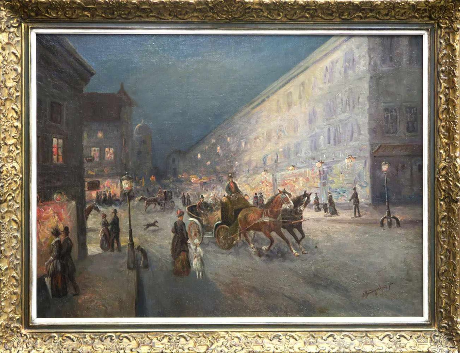 Baumgartner, Adolf jun.1893 - 1939Nächtliche StraßenszeneÖl/Lwd. 74 x 100 cm. R. u. signiert. Min.