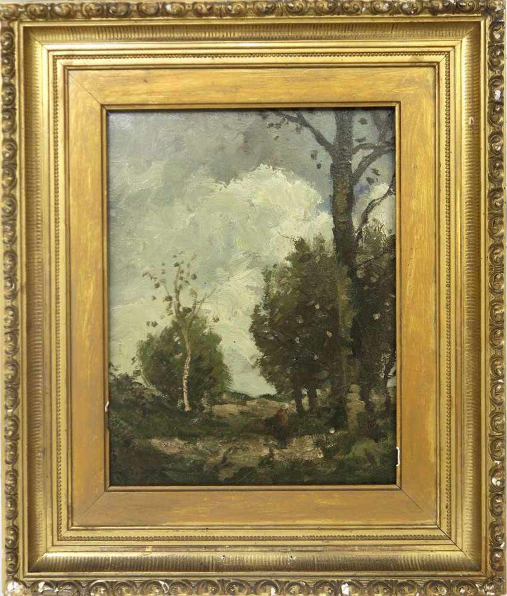 Bock, Théophile de1851 Den Haag - 1904 HaarlemFrau am WaldrandÖl/Holz. 31 x 26 cm. L. u. signiert.