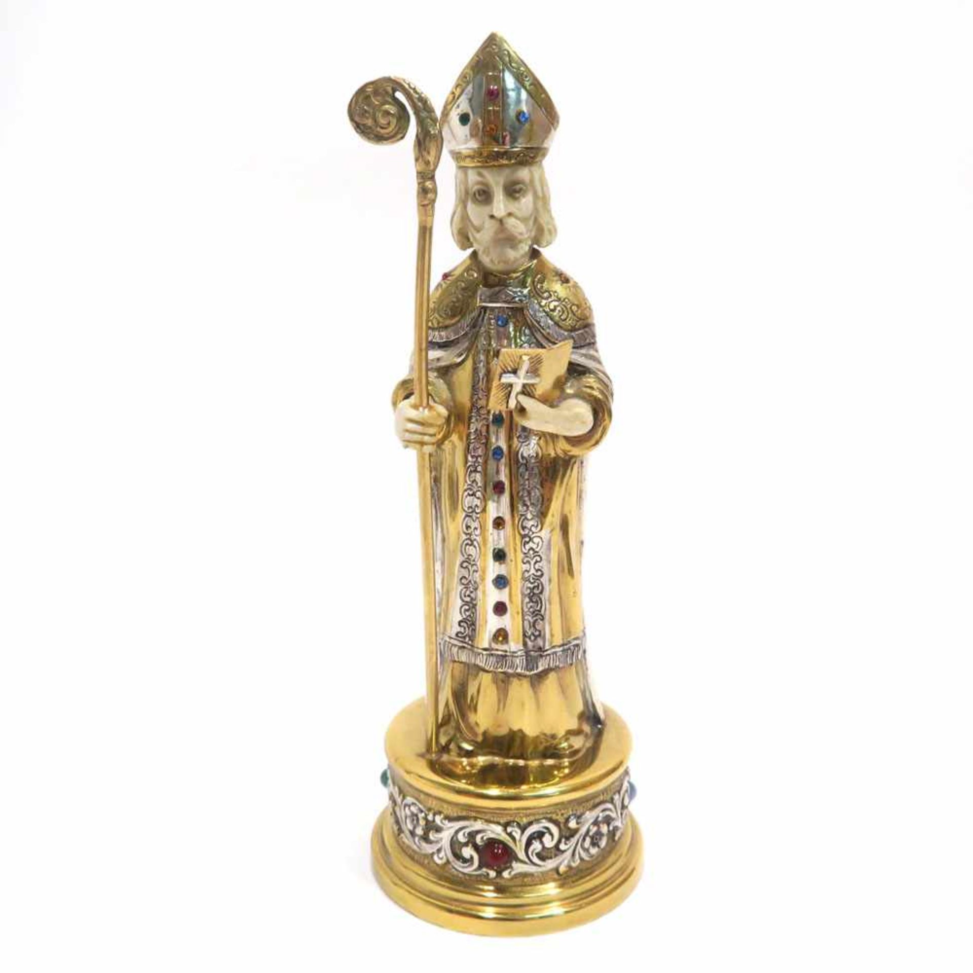 Schachfigur "Bischof"Deutsch. Silber, tlw. vergoldet, Elfenbein, farbige Glassteine. Figur eines