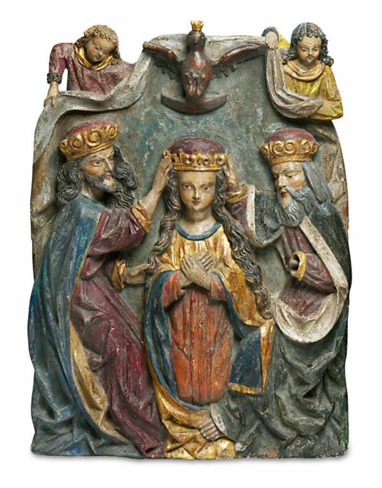 MarienkrönungIm Stil der GotikHolzrelief, geschnitzt, Farb- und Goldfassung.Besch.72,5 x 52 cm- - -