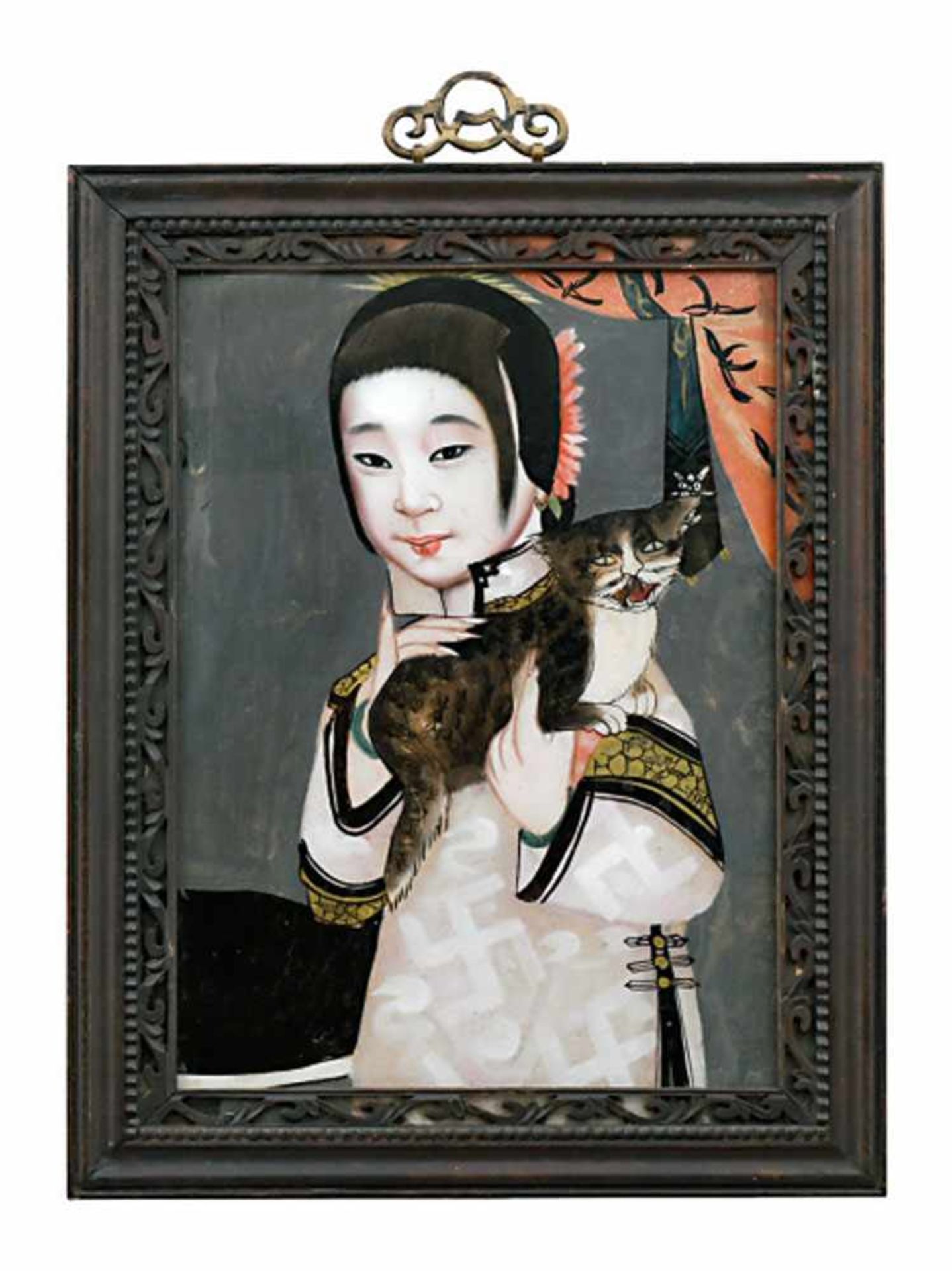 Hinterglasbild: Mädchen mit KatzeChinaPolychrome Malerei. Kratzer.BA: ca. 42 x 32 cm Rahmen- - -26.