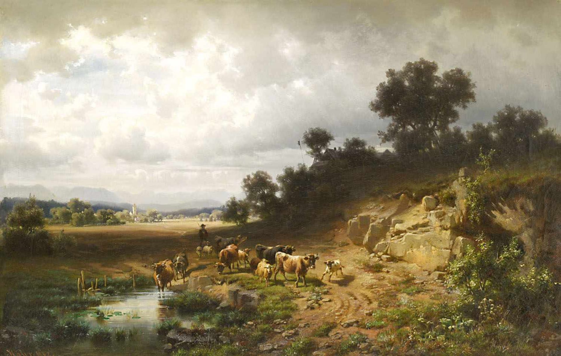 Höfer, Heinrich1825 Eisfeld (Thüringen) - 1878 MünchenHirte mit Vieh an einer WasserstelleÖl /