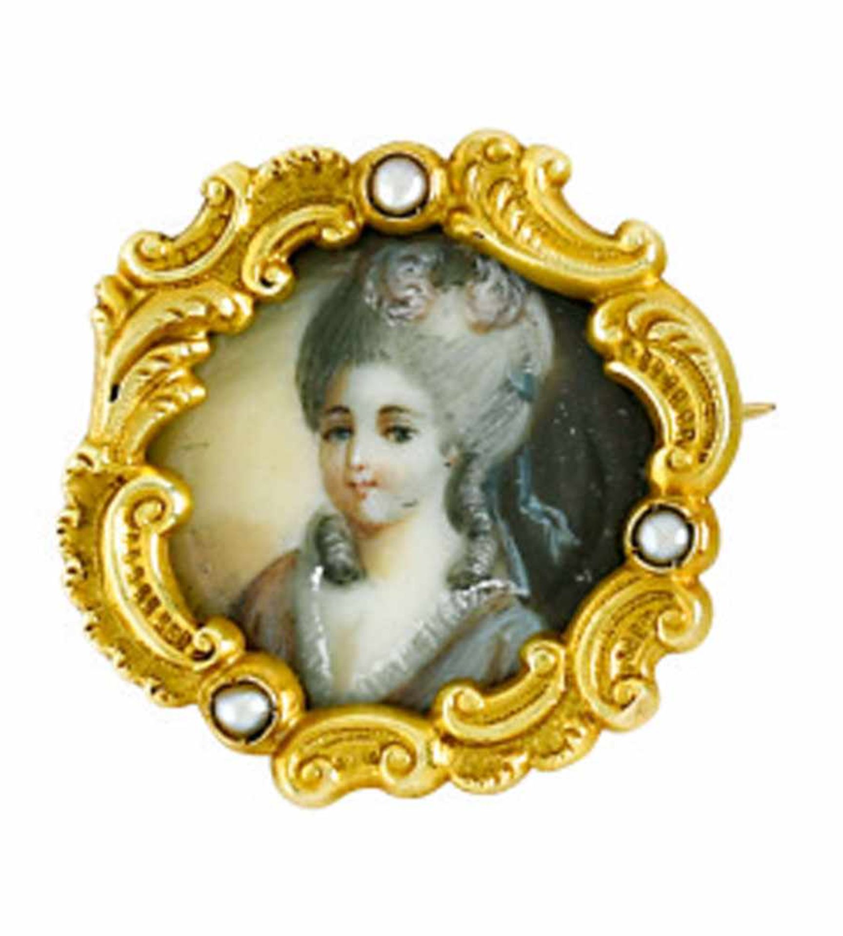 Brosche mit MiniaturUm 188014 K GG (Marke). Verglastes Miniaturporträt einer jungen Dame mit Kleid